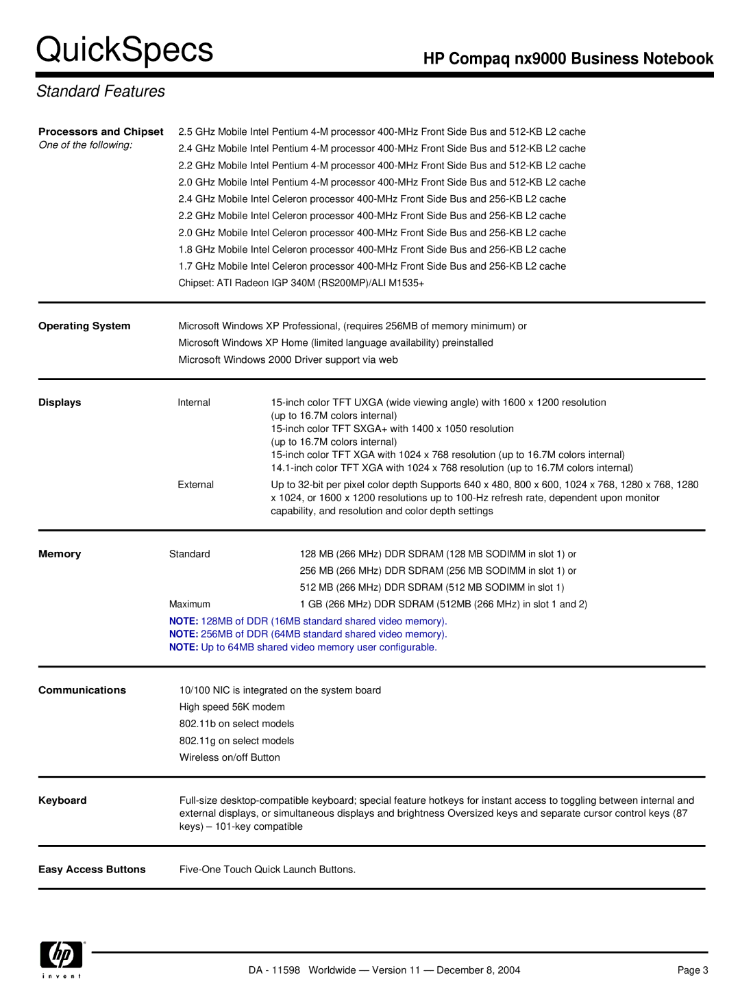 HP nx9000 manual Standard Features, Operating System 