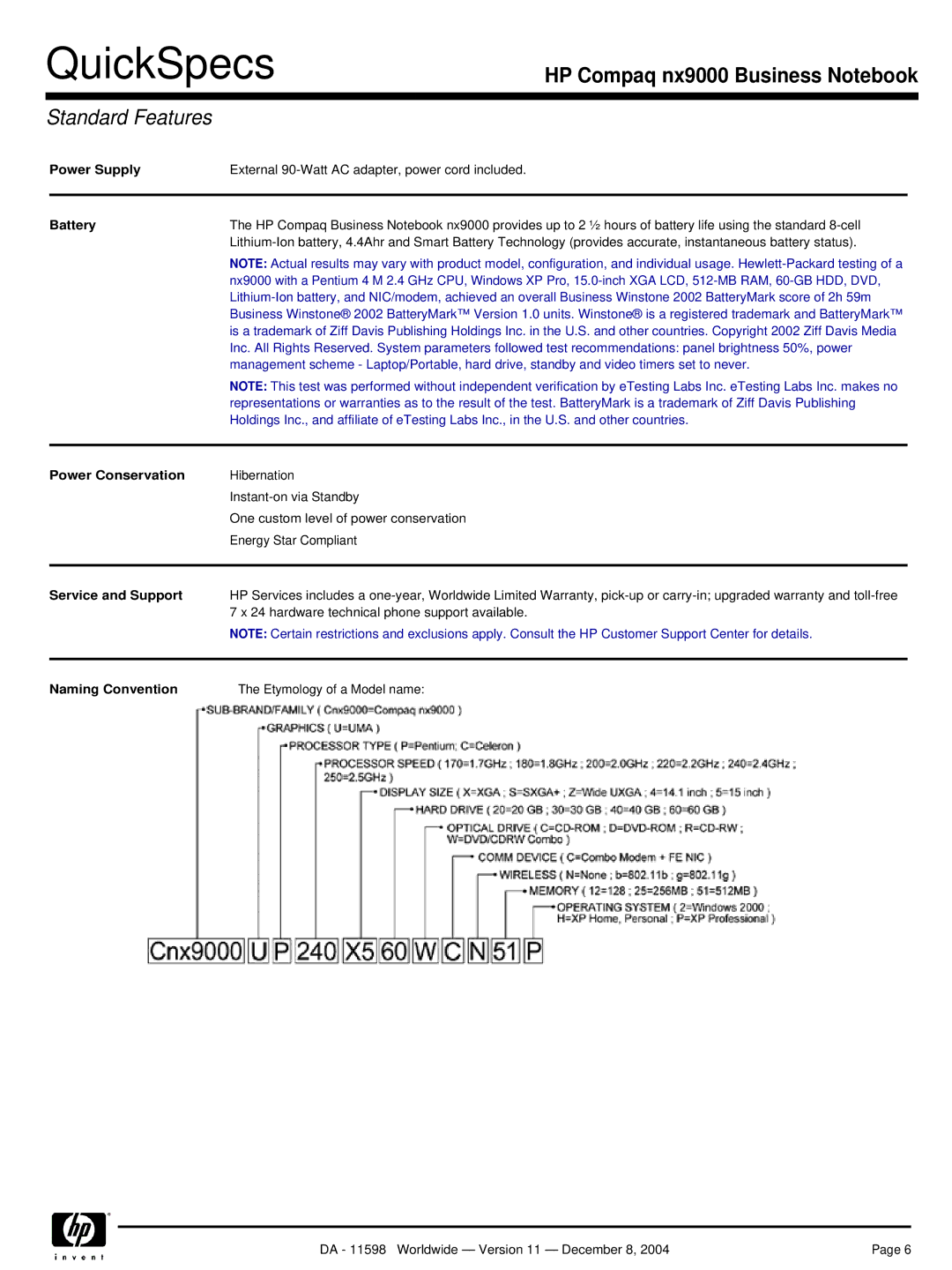 HP nx9000 manual Power Supply, Battery, Power Conservation, Service and Support, Naming Convention 