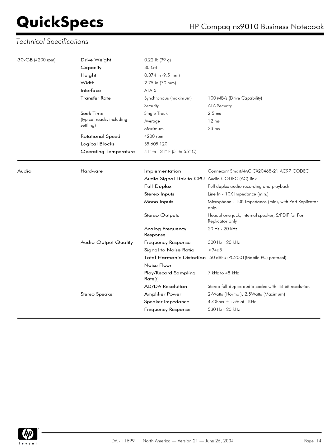 HP nx9010 Audio Hardware Implementation, Audio Signal Link to CPU, Full Duplex, Stereo Inputs, Mono Inputs, Stereo Outputs 