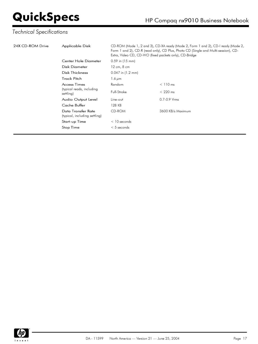 HP nx9010 manual 24X CD-ROM Drive Applicable Disk, Disk Thickness, Track Pitch Access Times 