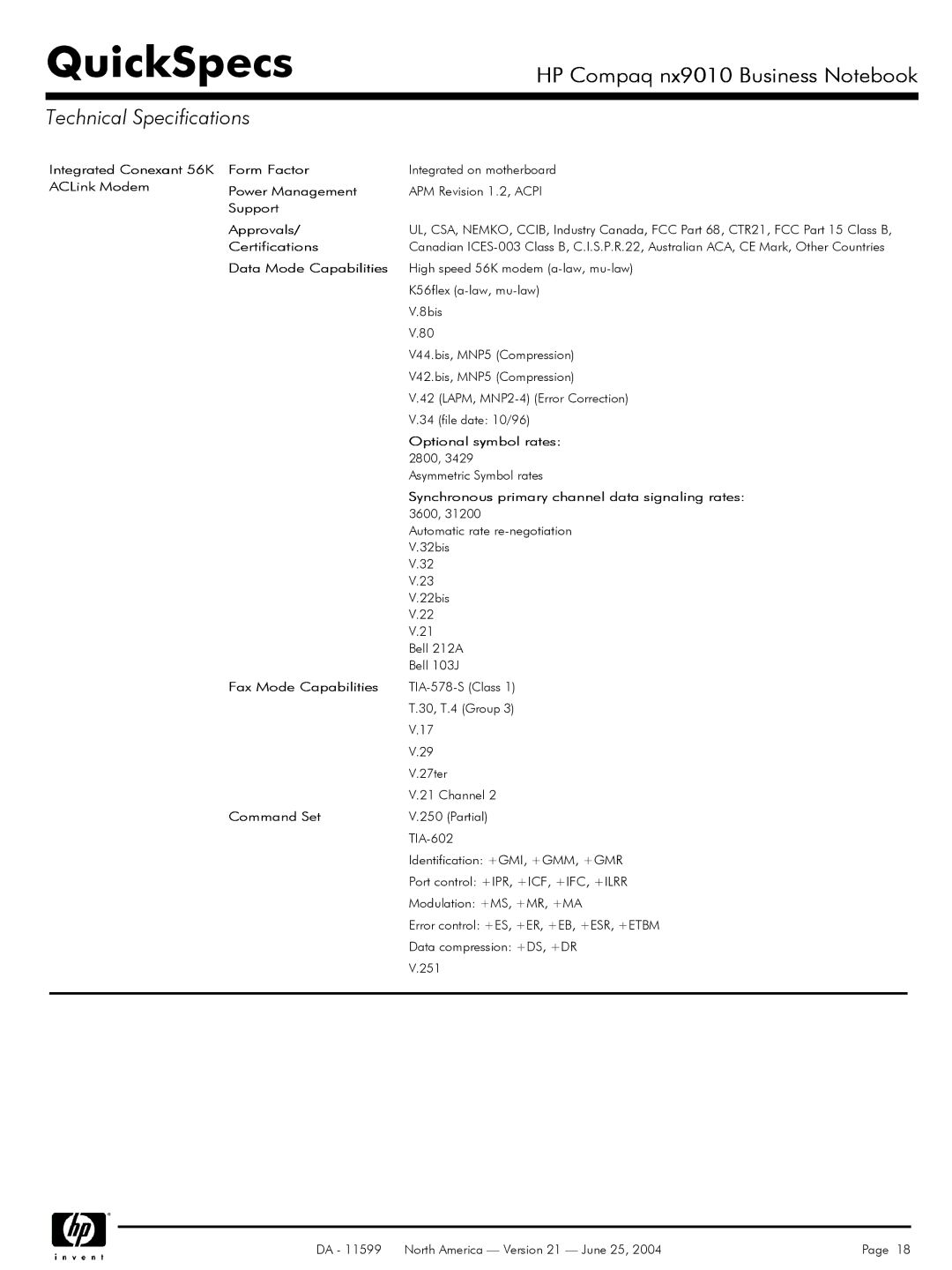 HP nx9010 manual Integrated Conexant 56K Form Factor, ACLink Modem Power Management, Support Approvals, Certifications 