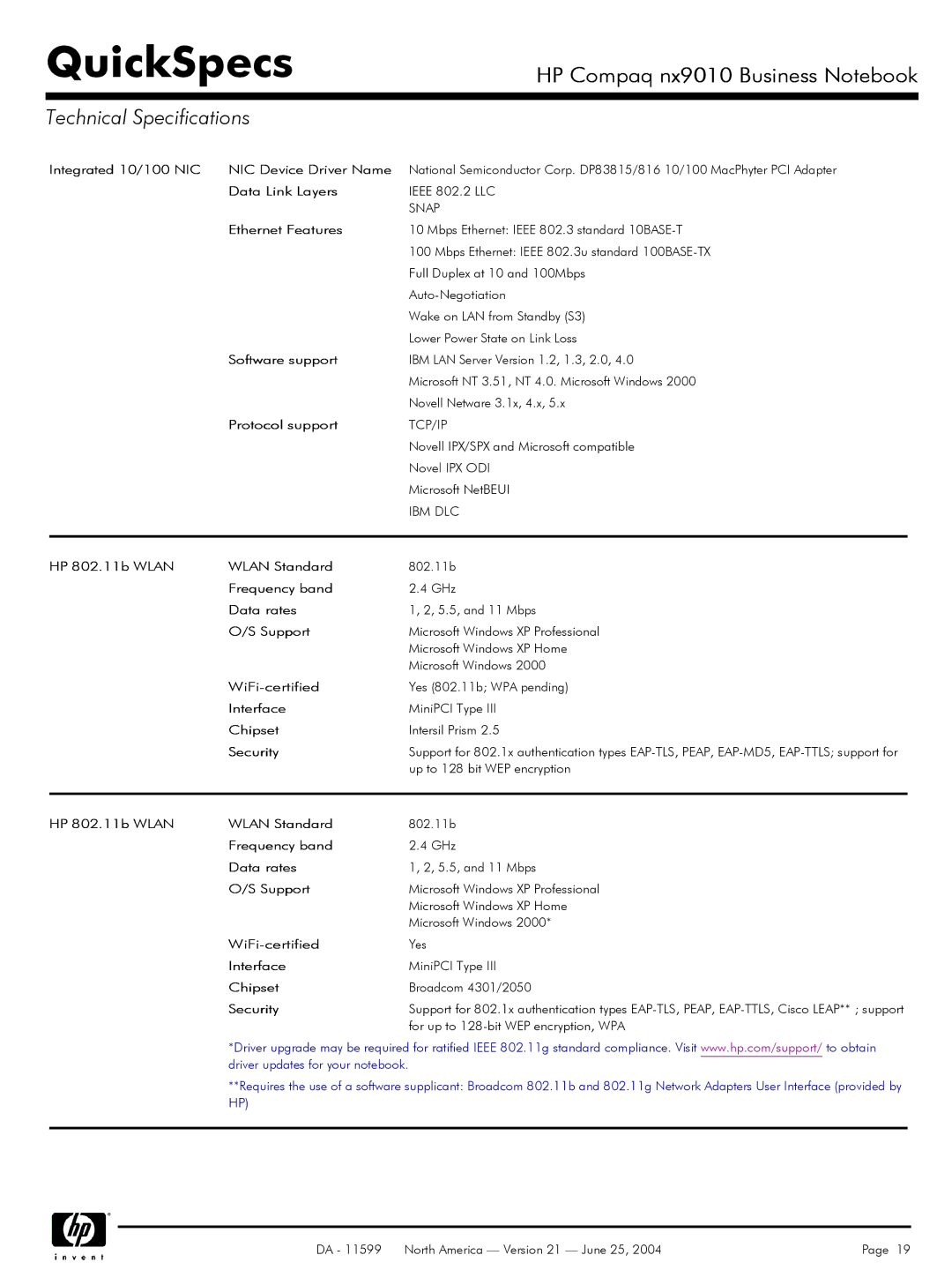 HP nx9010 Integrated 10/100 NIC NIC Device Driver Name, Data Link Layers, Ethernet Features, Software support, Data rates 