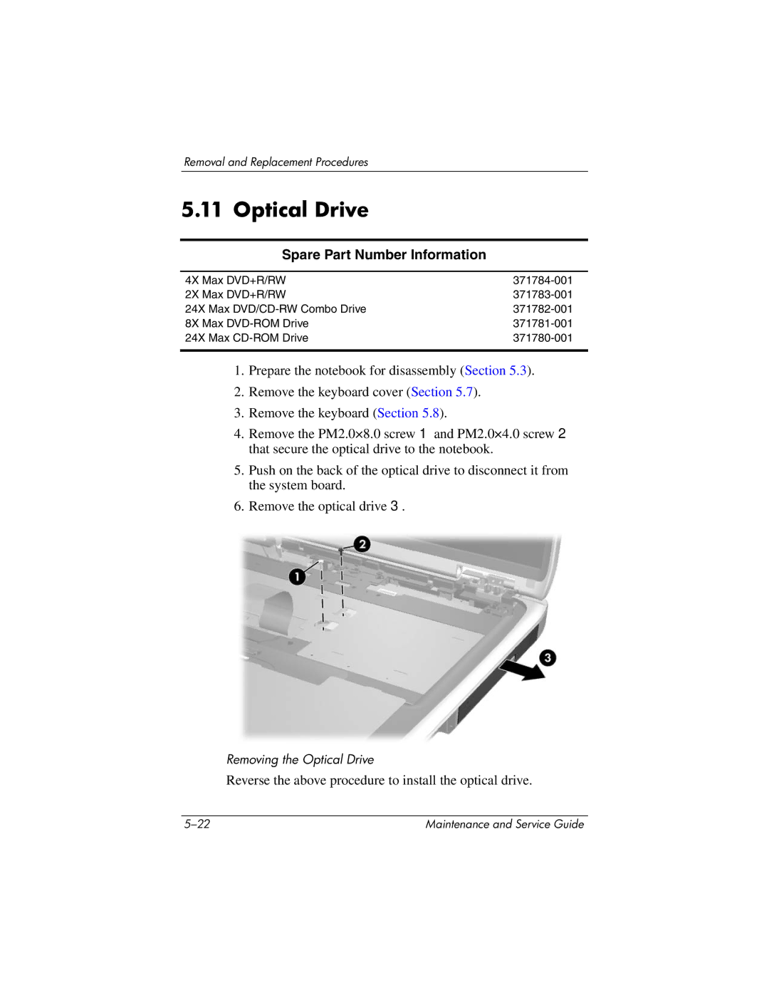 HP NX9030, NX9040, NX9020, ZE4900 manual Optical Drive, Spare Part Number Information 