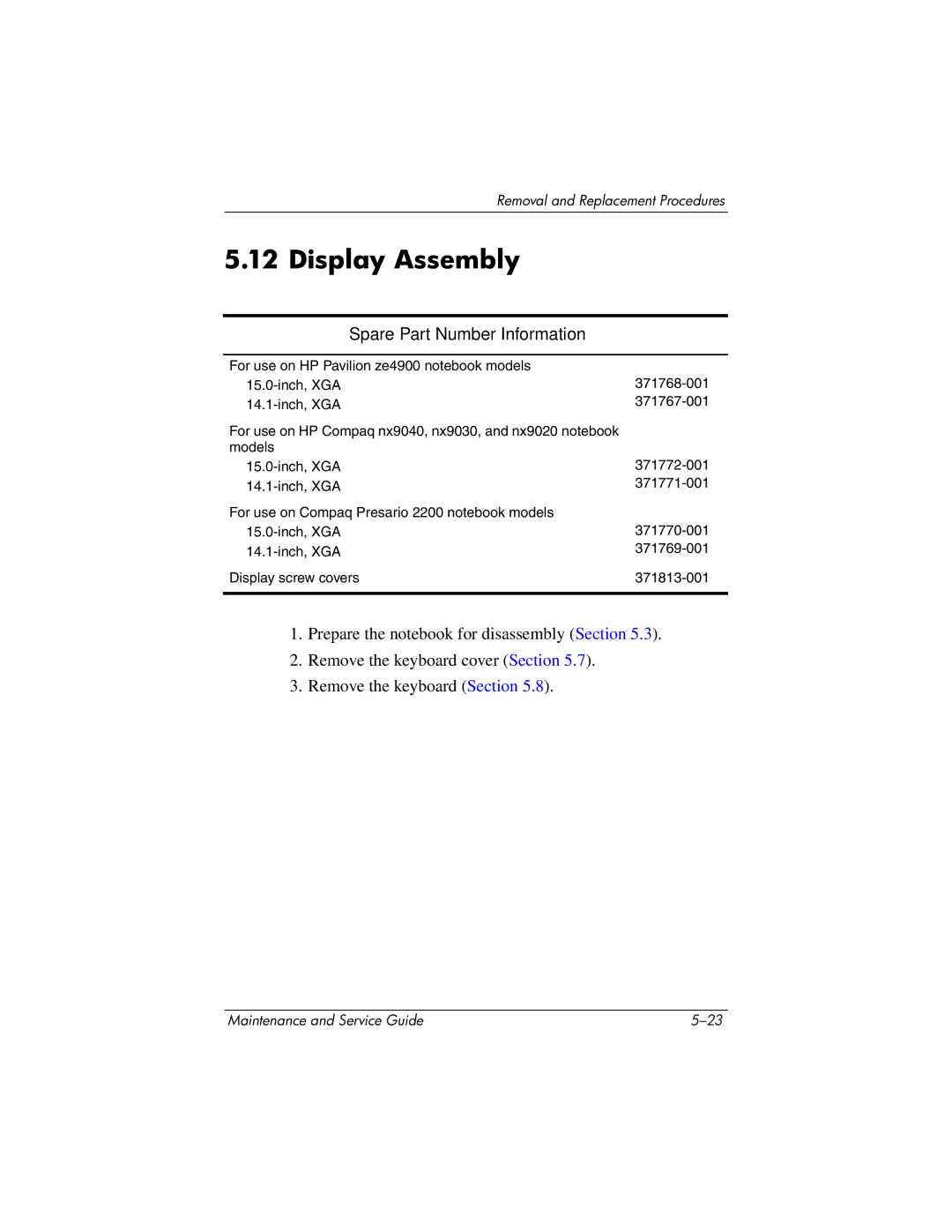 HP NX9020, NX9040, NX9030, ZE4900 manual Display Assembly 