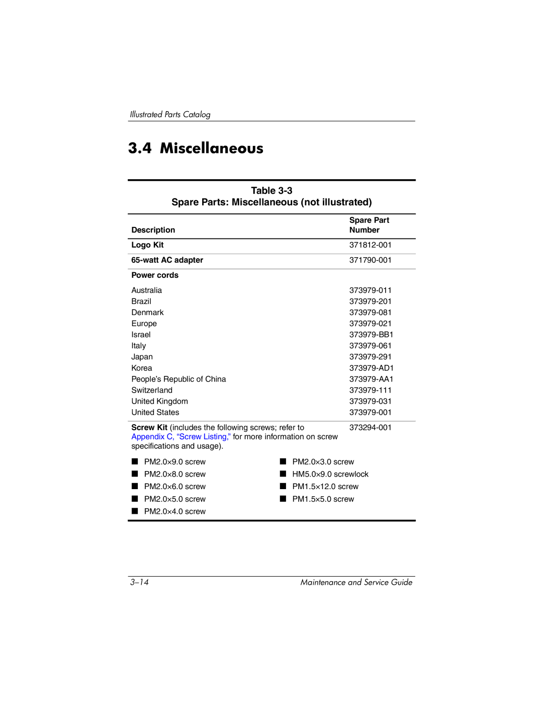 HP NX9040, NX9030 Spare Parts Miscellaneous not illustrated, Description Number Logo Kit, Watt AC adapter, Power cords 