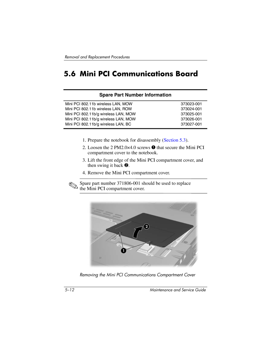 HP ZE4900, NX9040, NX9030, NX9020 manual Mini PCI Communications Board, Spare Part Number Information 