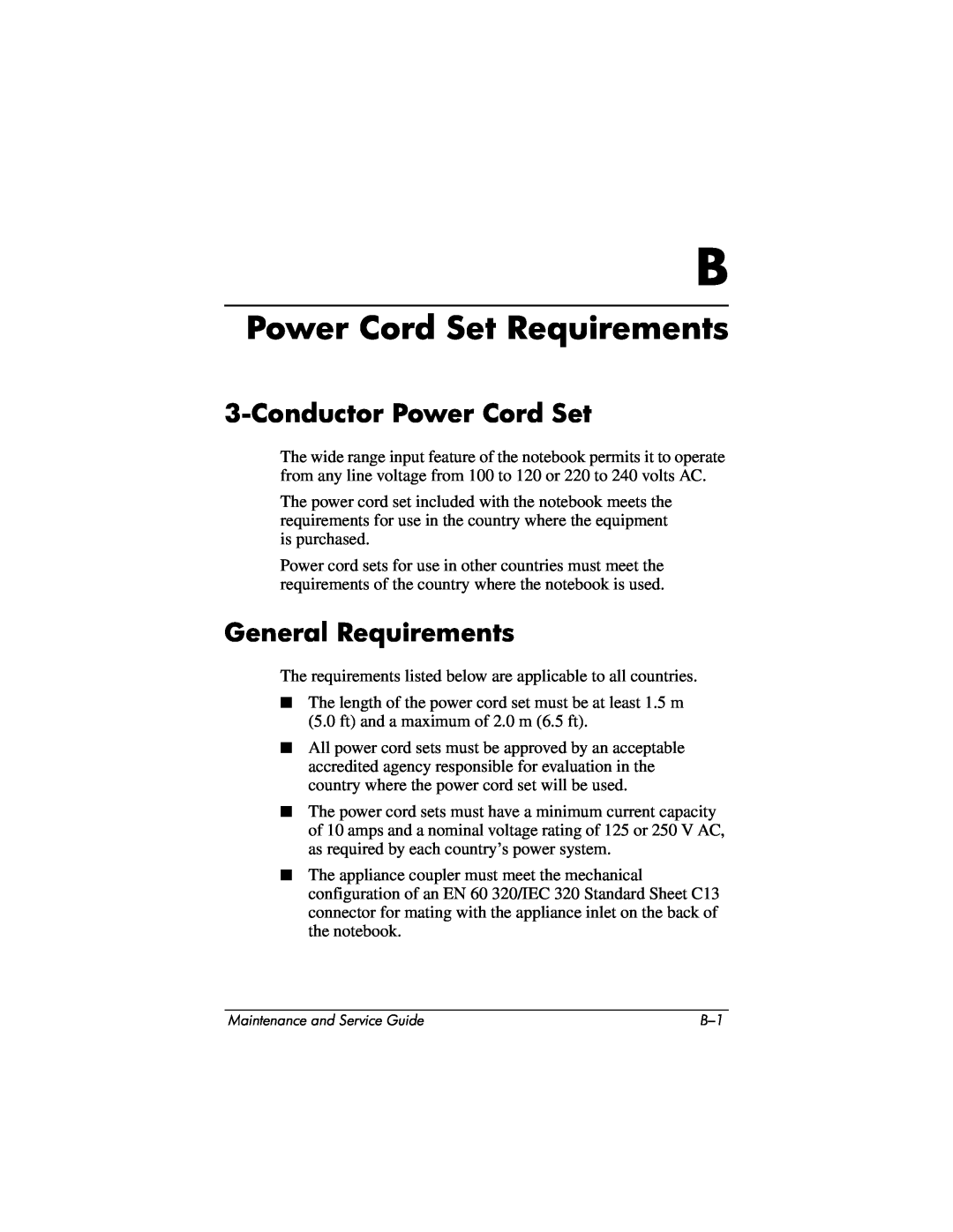 HP NX9020, NX9040, NX9030, ZE4900 manual Power Cord Set Requirements, Conductor Power Cord Set, General Requirements 