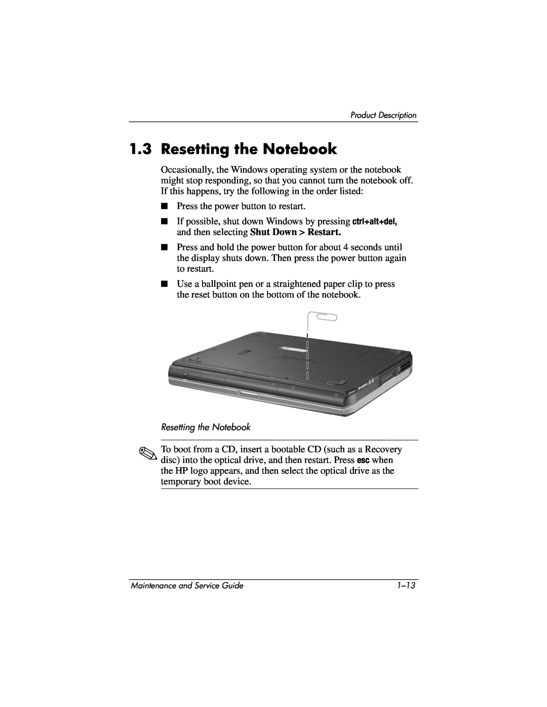 HP NX9020, NX9040, NX9030, ZE4900 manual Resetting the Notebook 