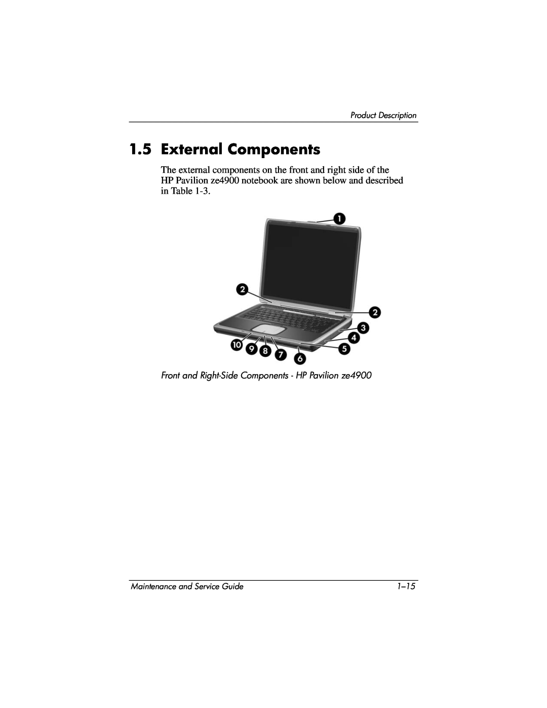 HP NX9040, NX9030 External Components, Front and Right-Side Components - HP Pavilion ze4900, Product Description, 1-15 