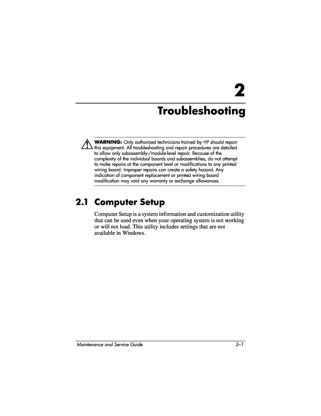 HP ZE4900, NX9040, NX9030, NX9020 manual Troubleshooting, Computer Setup, Maintenance and Service Guide 