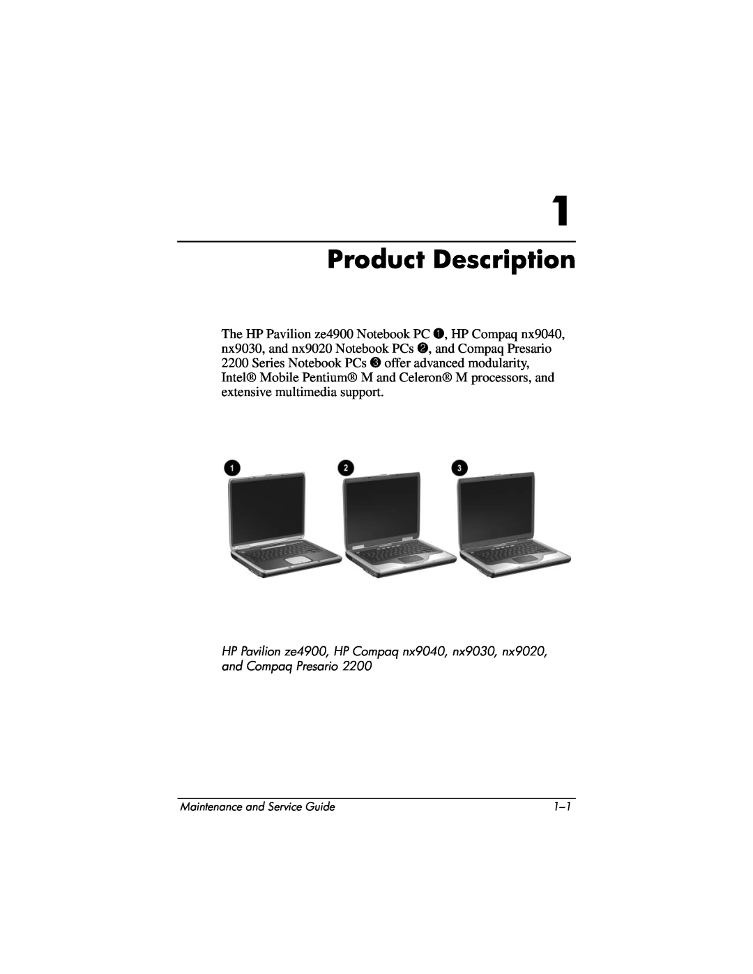 HP NX9020, NX9040, NX9030, ZE4900 manual Product Description, Maintenance and Service Guide 