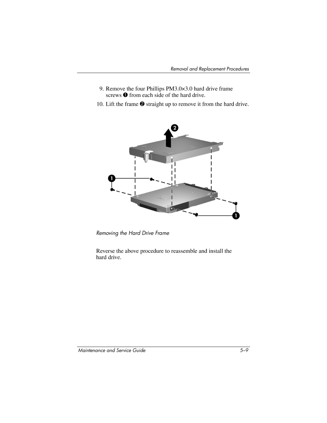 HP nw9440, nx9420 manual Removing the Hard Drive Frame 