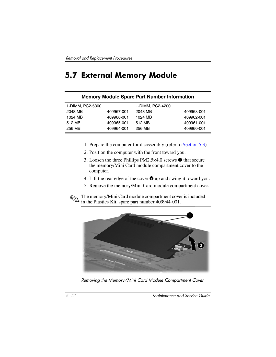 HP nx9420, nw9440 manual External Memory Module, Memory Module Spare Part Number Information 