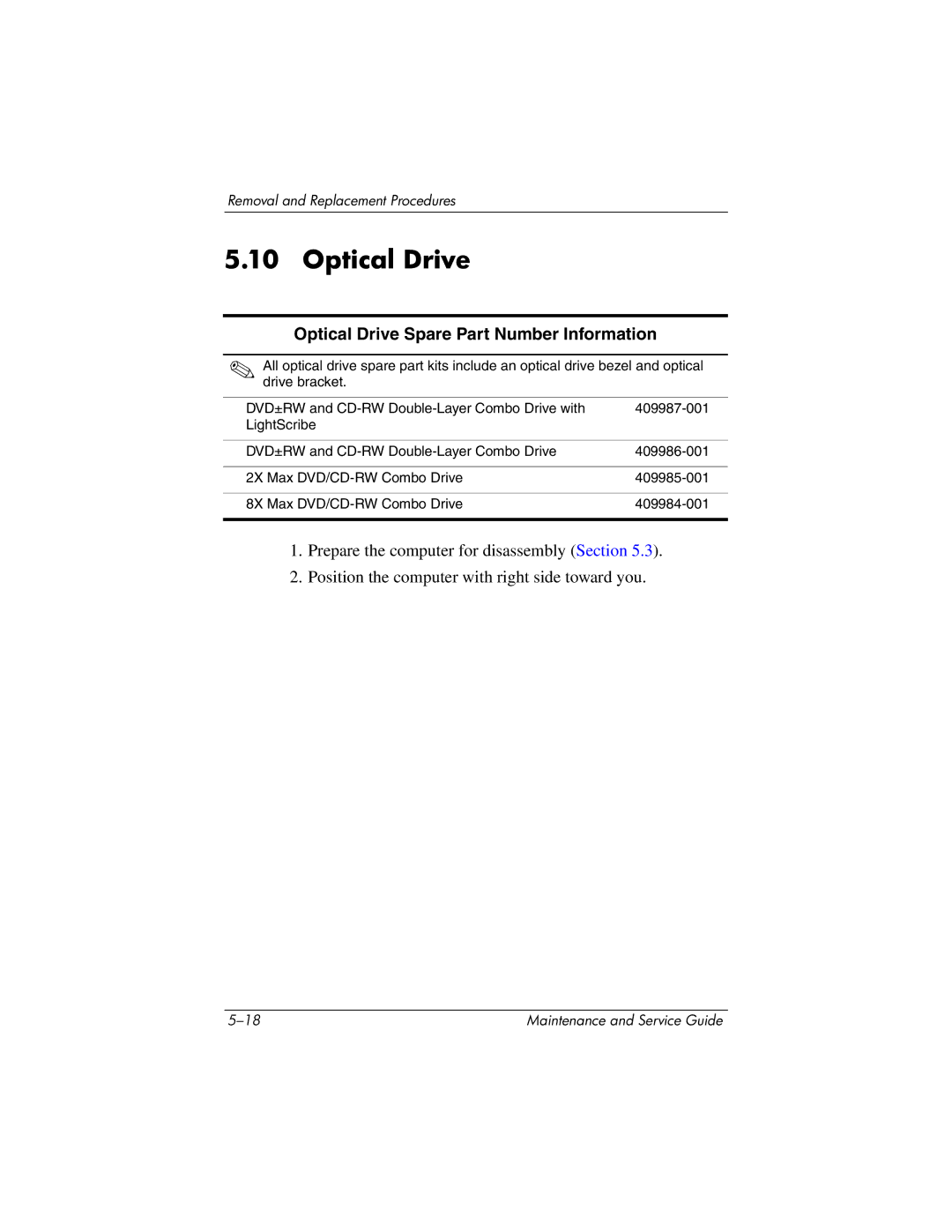 HP nx9420, nw9440 manual Optical Drive Spare Part Number Information 