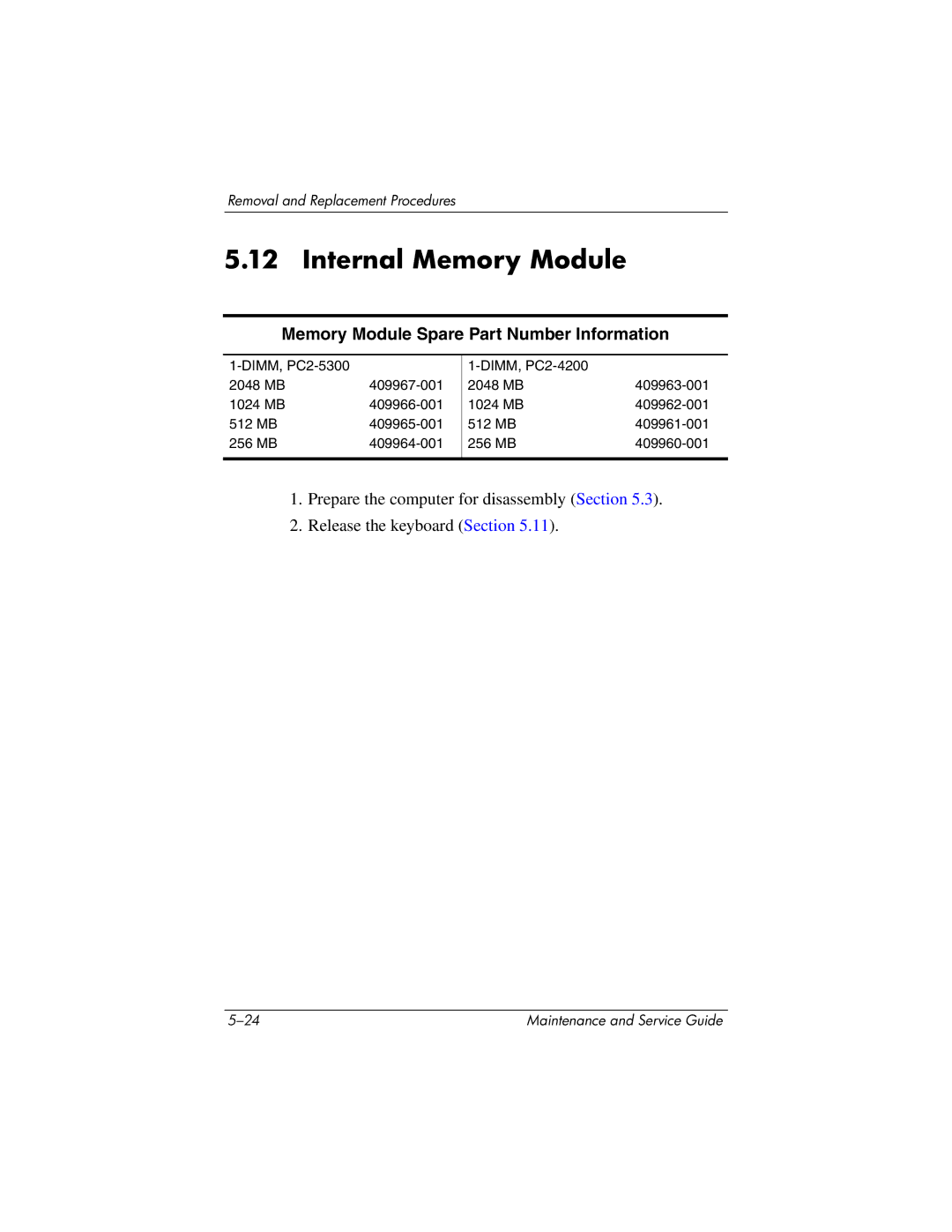 HP nx9420, nw9440 manual Internal Memory Module, Memory Module Spare Part Number Information 