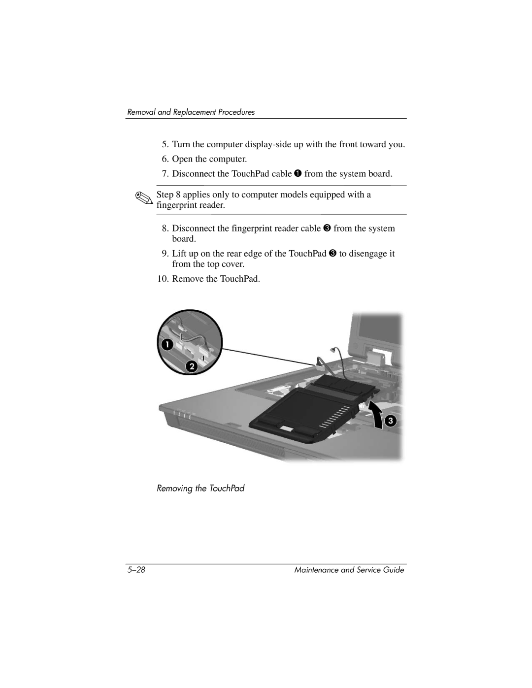 HP nx9420, nw9440 manual Removing the TouchPad 