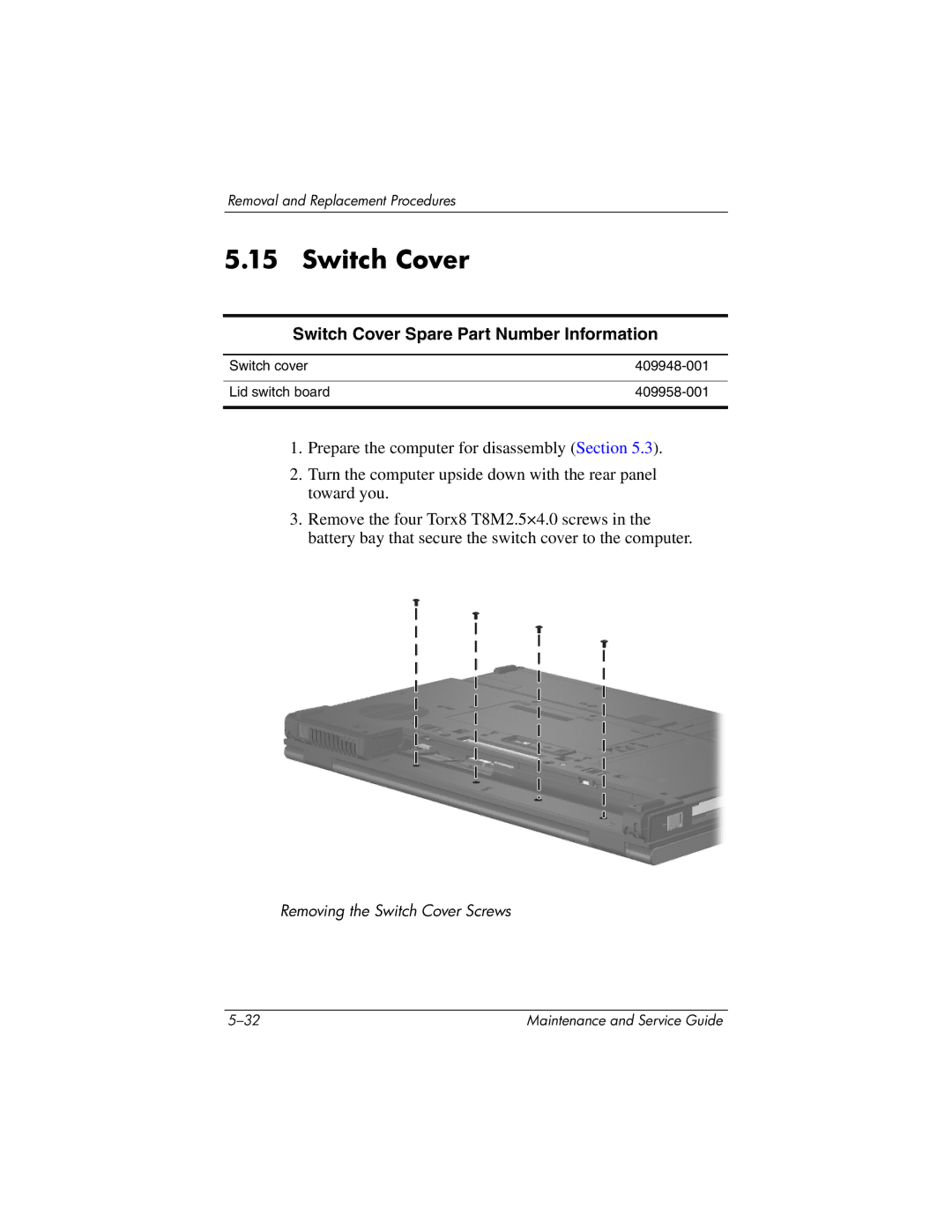 HP nx9420, nw9440 manual Switch Cover Spare Part Number Information 