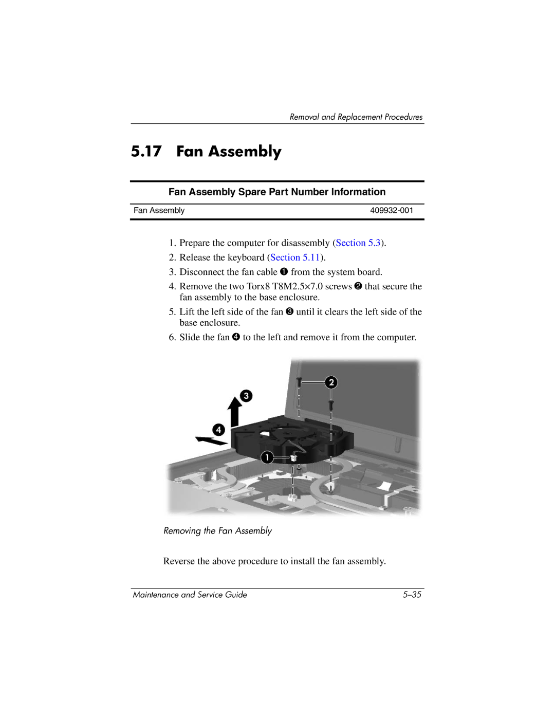 HP nw9440, nx9420 manual Fan Assembly Spare Part Number Information 