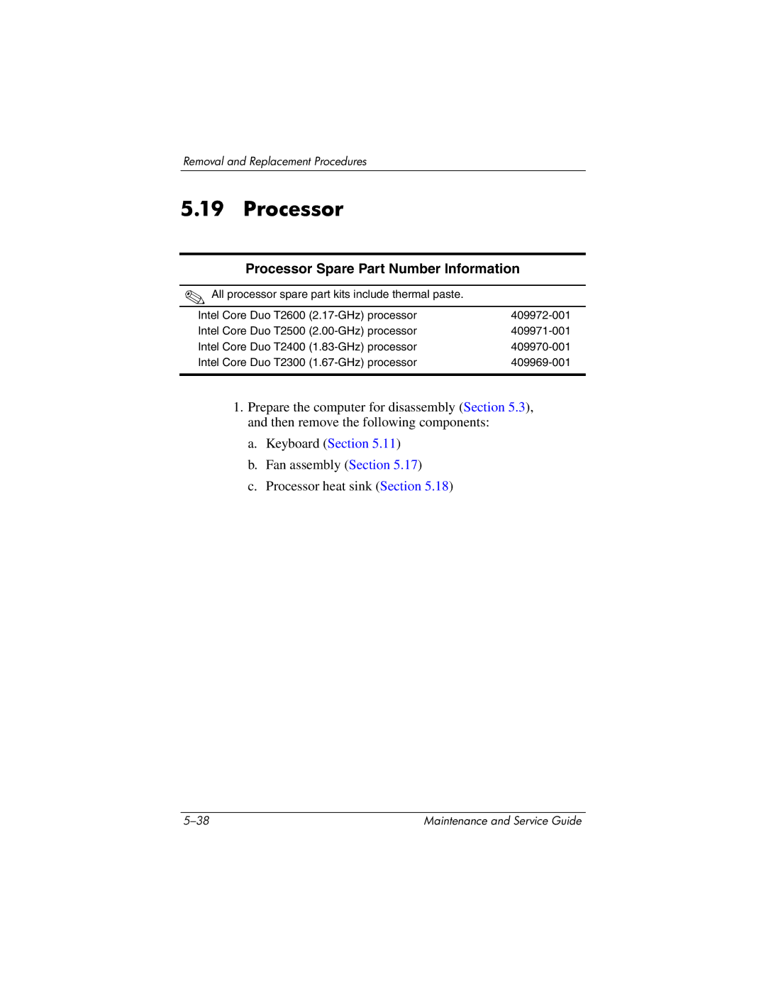 HP nx9420, nw9440 manual Processor Spare Part Number Information 