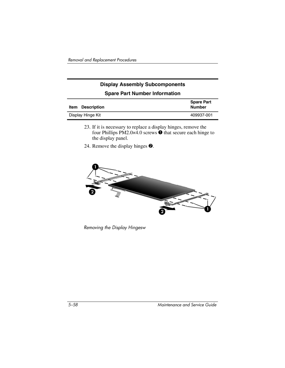 HP nx9420, nw9440 manual Item Description Number Display Hinge Kit 409937-001 