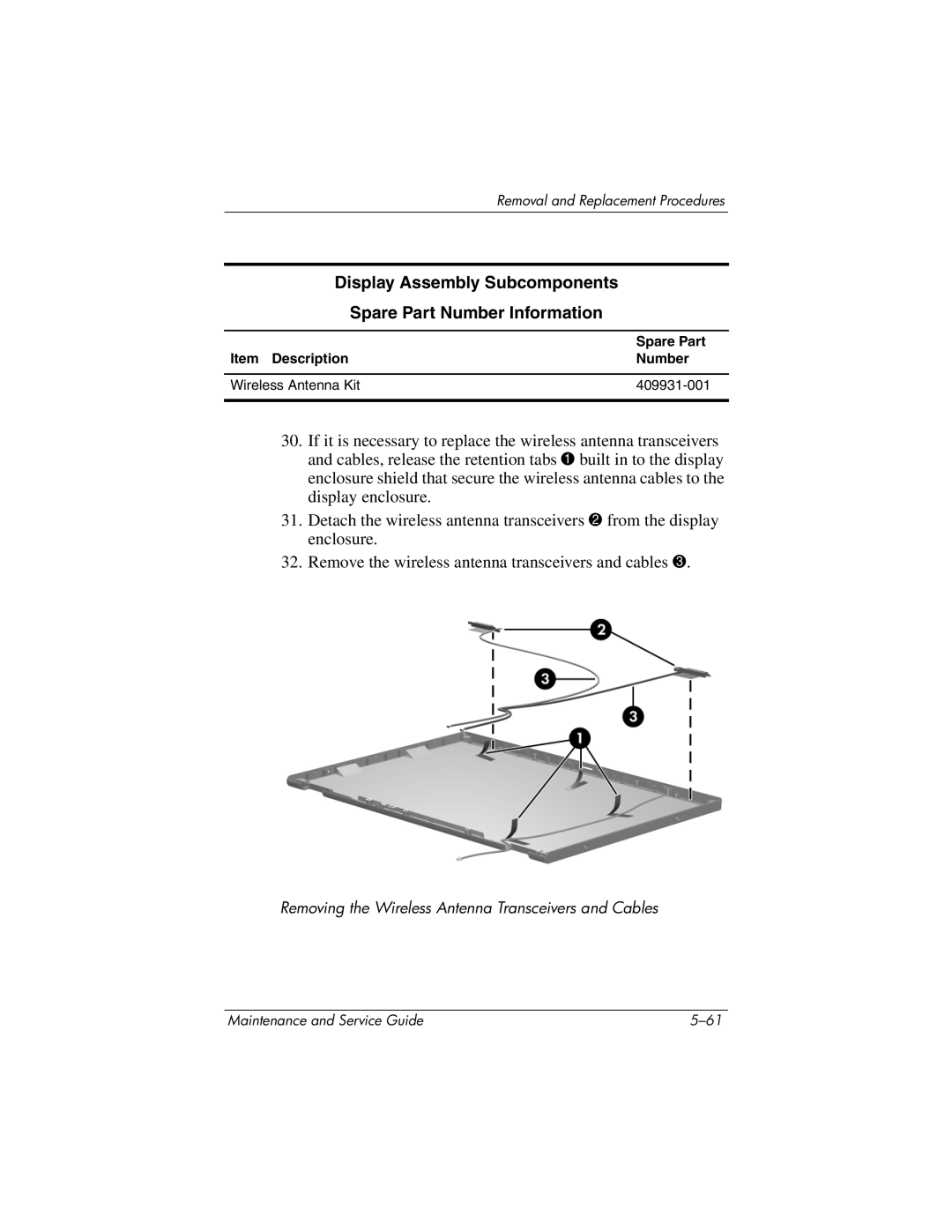 HP nw9440, nx9420 manual Display Assembly Subcomponents Spare Part Number Information 