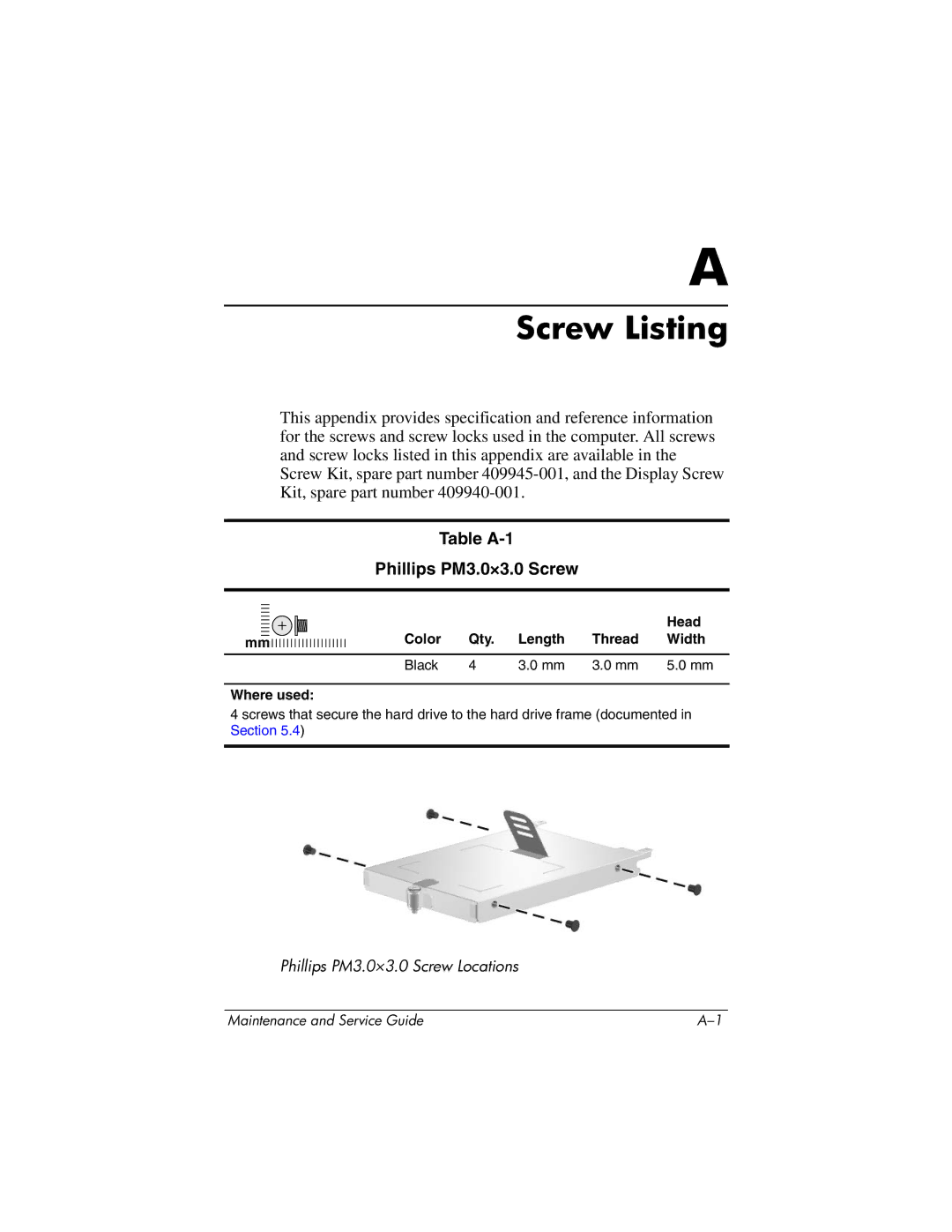 HP nw9440, nx9420 manual Table A-1 Phillips PM3.0×3.0 Screw, Head, Color Qty Length Thread Width Black Where used 