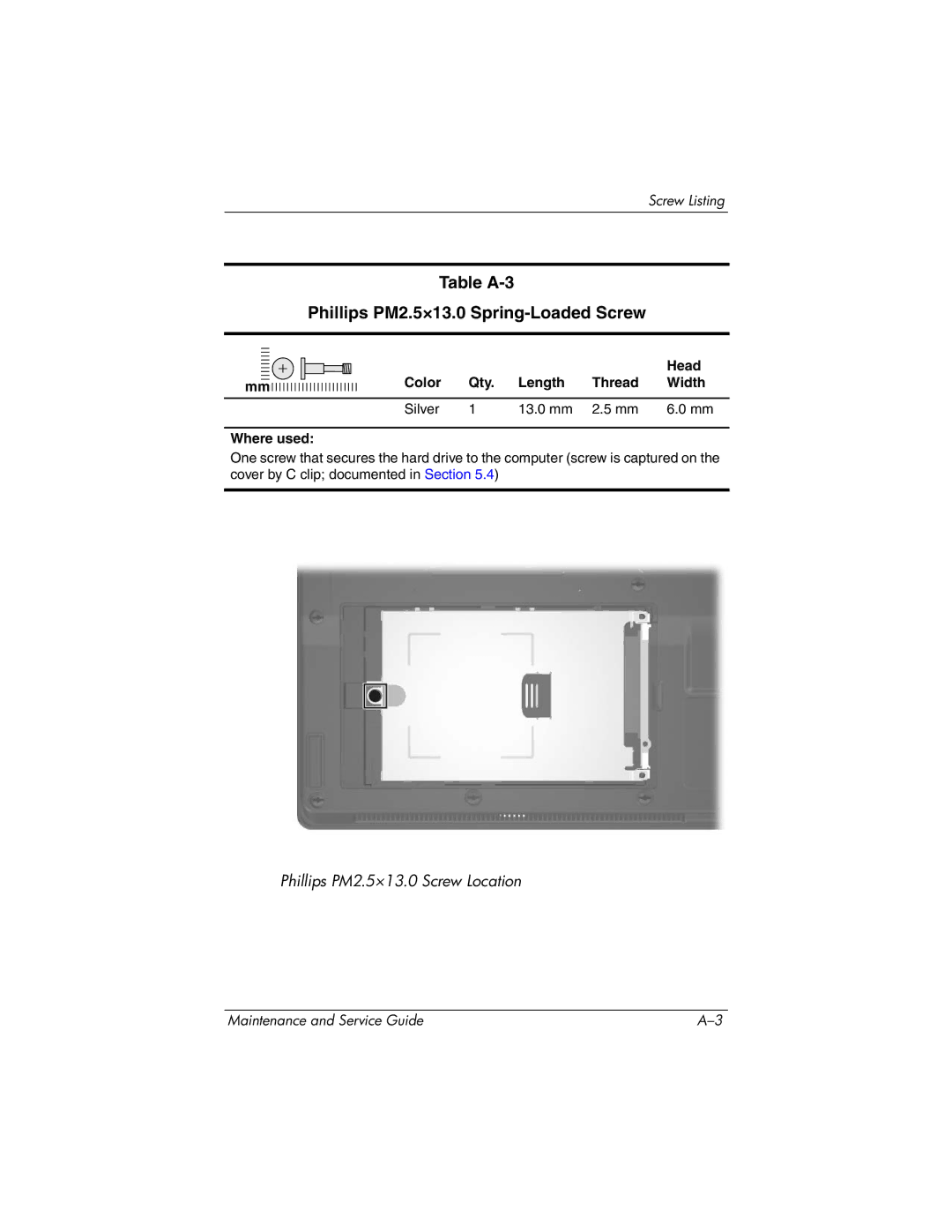 HP nw9440 manual Table A-3 Phillips PM2.5×13.0 Spring-Loaded Screw, Color Qty Length Thread Width Silver 13.0 mm Where used 