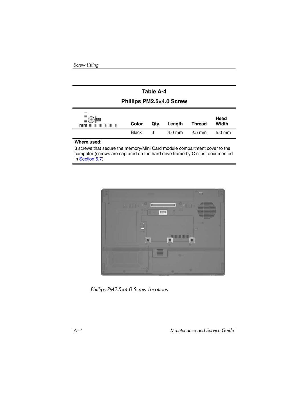 HP nx9420, nw9440 manual Table A-4 Phillips PM2.5×4.0 Screw, Color Qty Length Thread Width Black Where used 