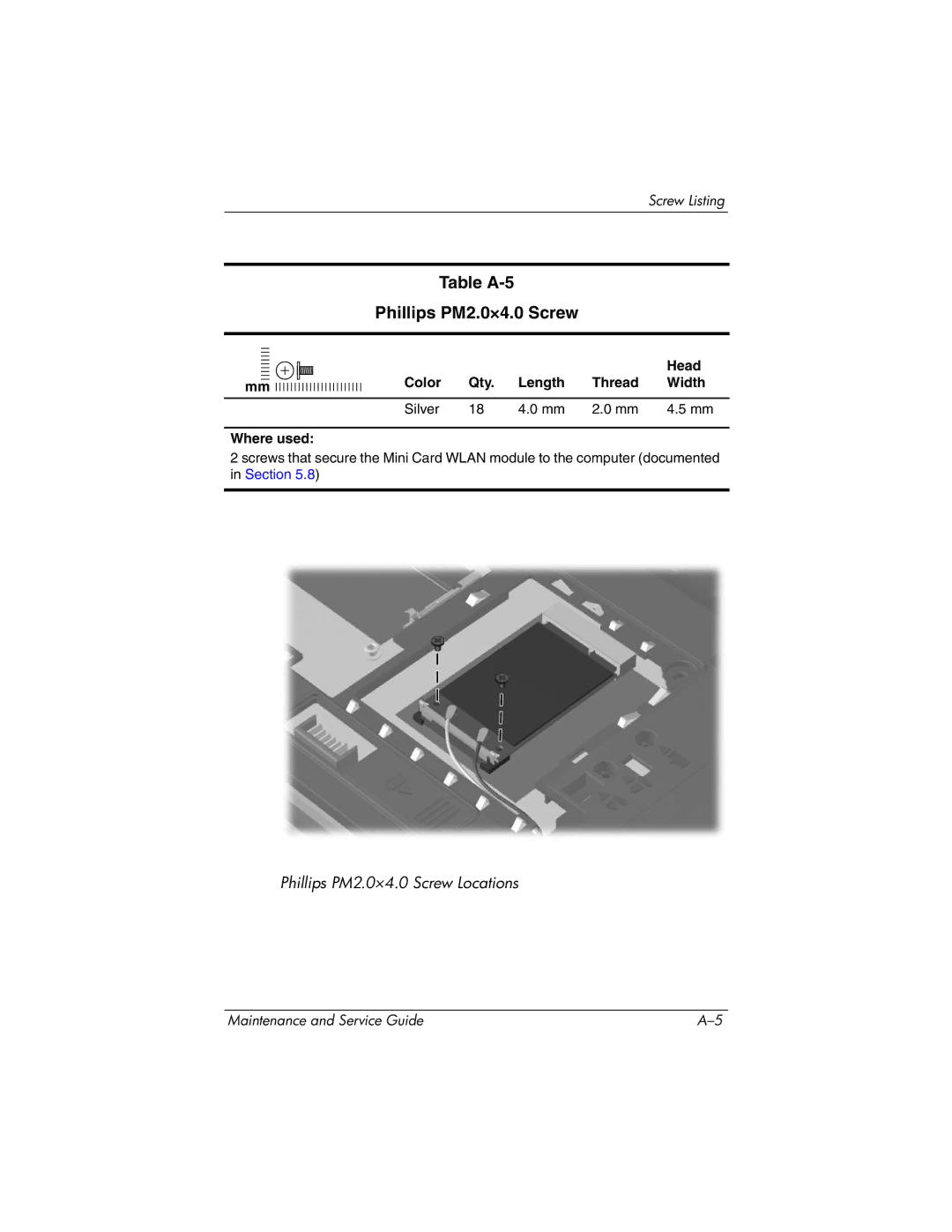 HP nw9440, nx9420 manual Table A-5 Phillips PM2.0×4.0 Screw, Color Qty Length Thread Width Silver Where used 