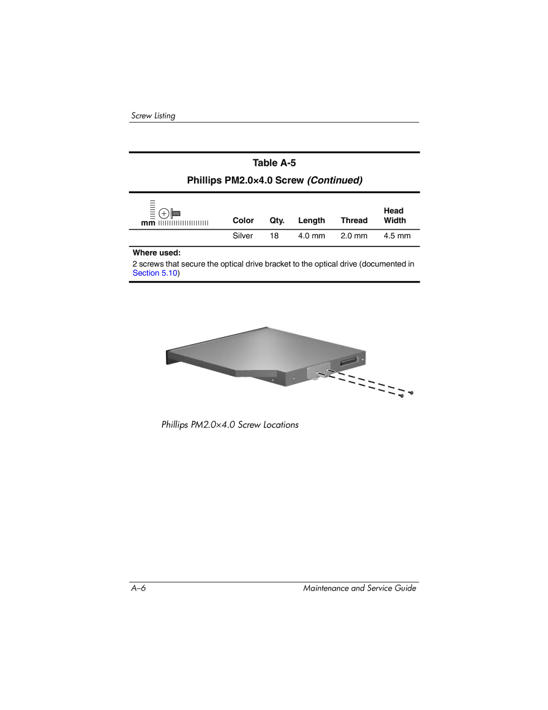 HP nx9420, nw9440 manual Table A-5 Phillips PM2.0×4.0 Screw 