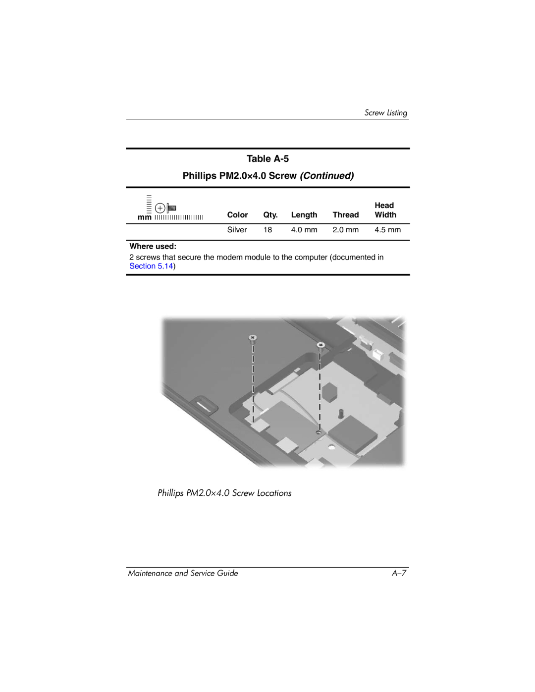 HP nw9440, nx9420 manual Table A-5 Phillips PM2.0×4.0 Screw 