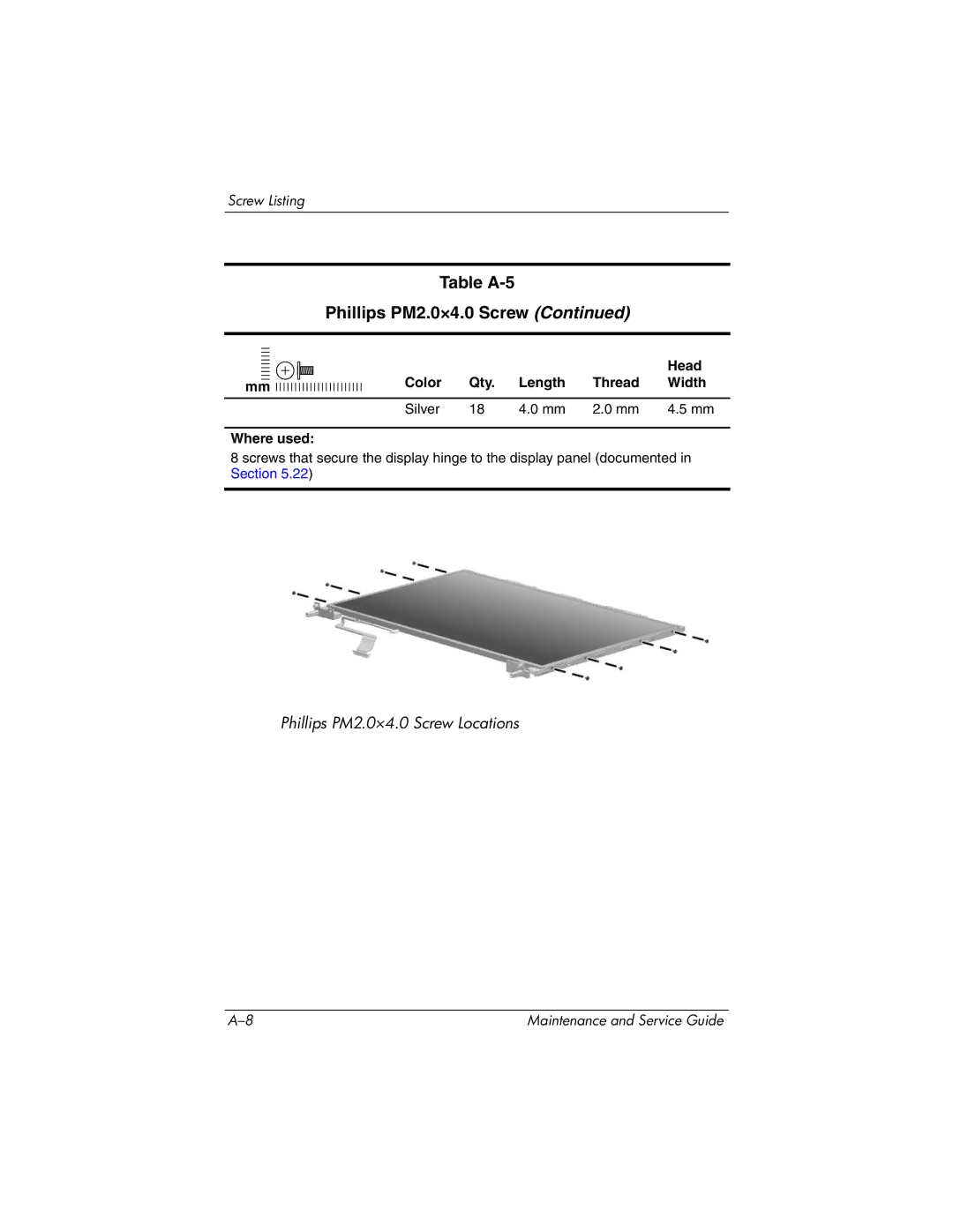 HP nx9420, nw9440 manual Table A-5 Phillips PM2.0×4.0 Screw 