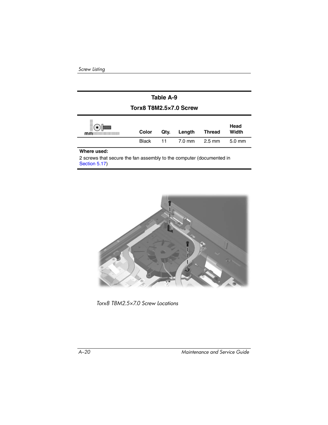 HP nx9420, nw9440 manual Table A-9 Torx8 T8M2.5×7.0 Screw 