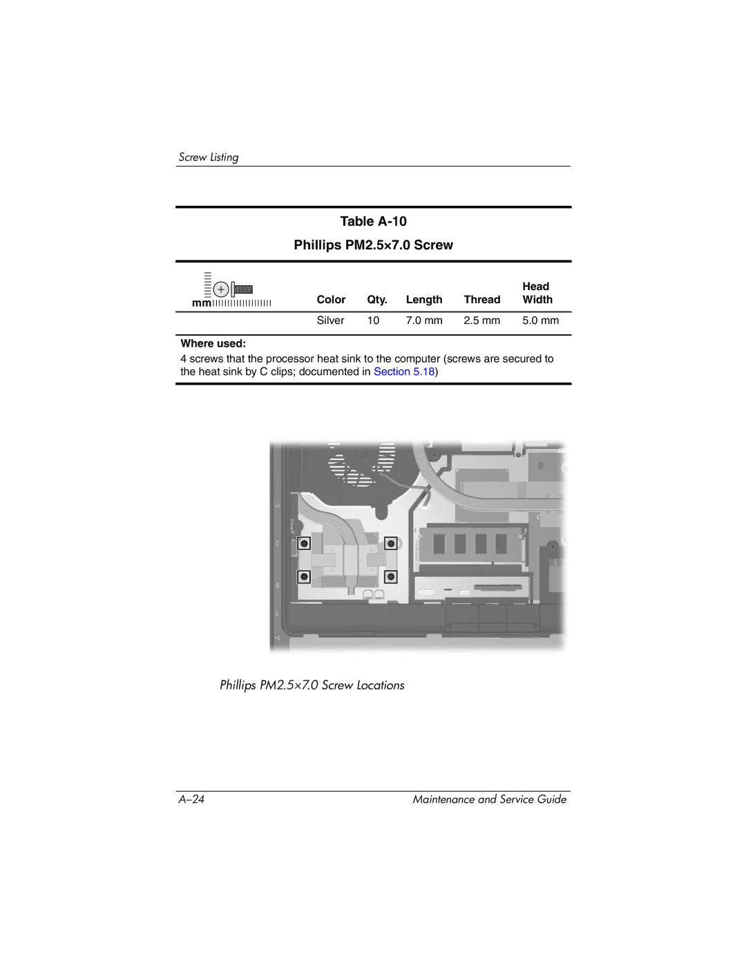 HP nx9420, nw9440 manual Table A-10 Phillips PM2.5×7.0 Screw, Color Qty Length Thread Width Silver Where used 