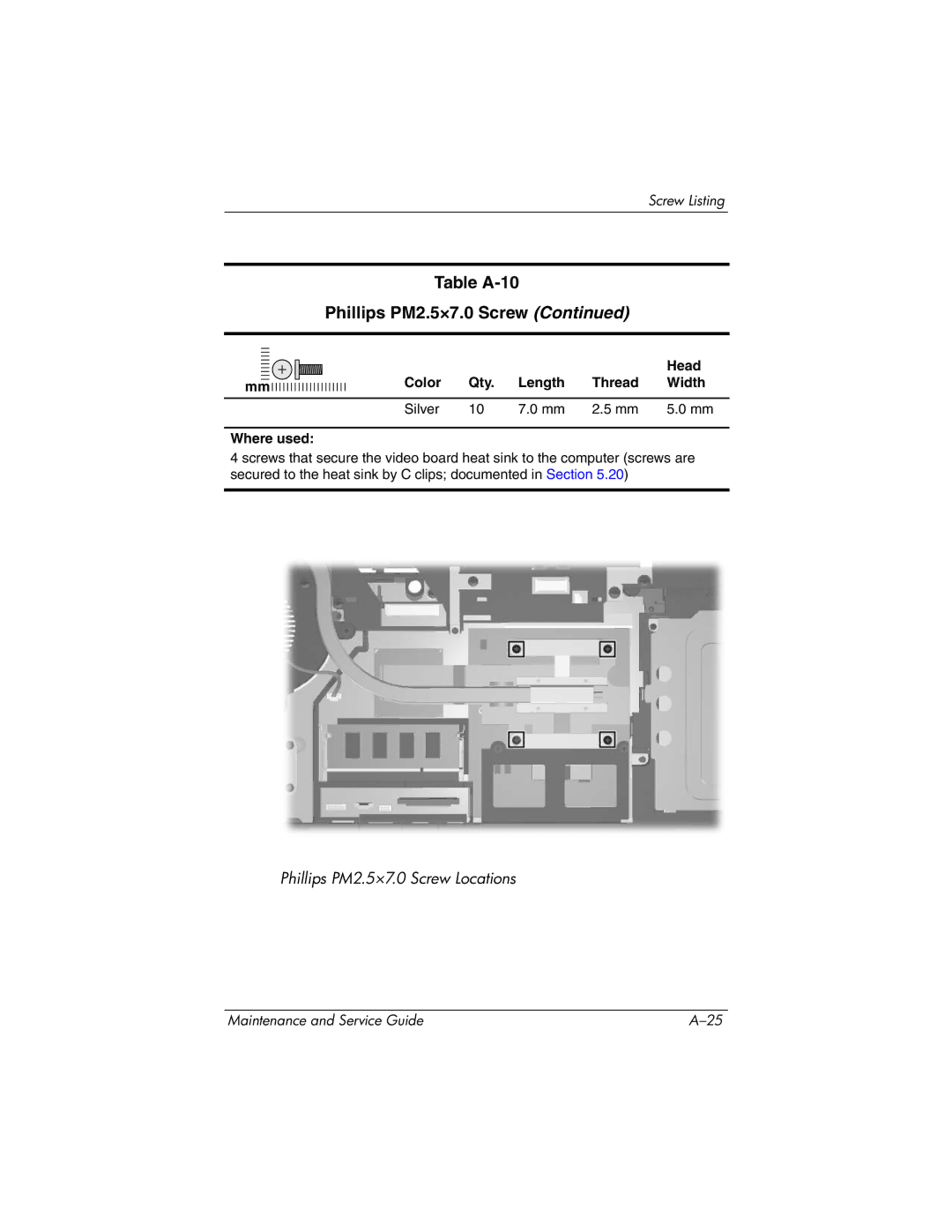 HP nw9440, nx9420 manual Table A-10 Phillips PM2.5×7.0 Screw 