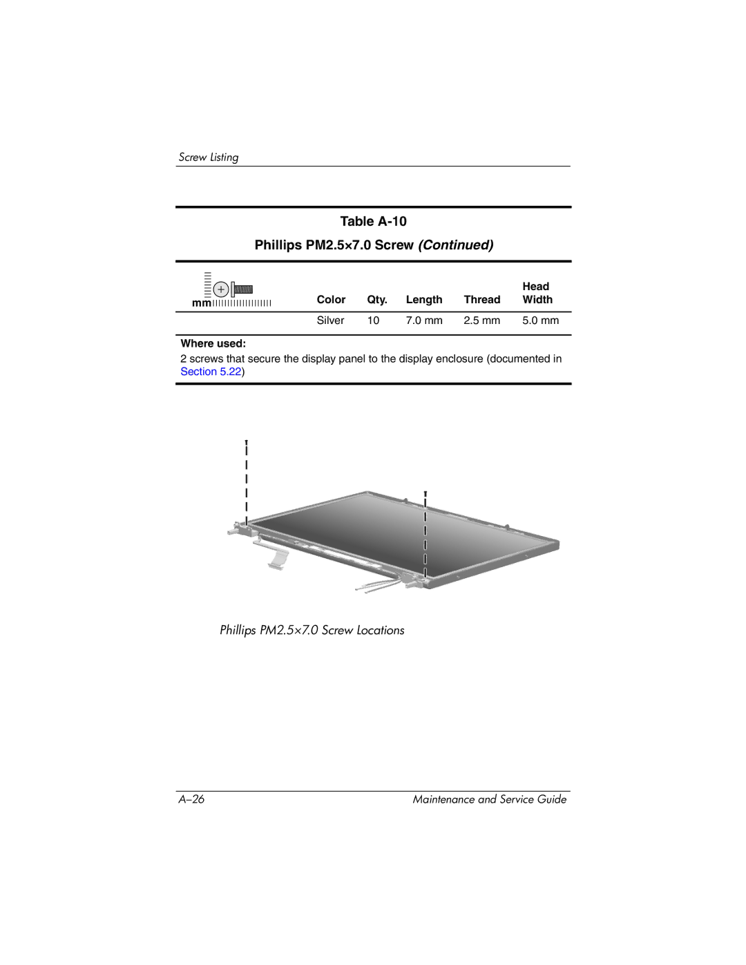 HP nx9420, nw9440 manual Table A-10 Phillips PM2.5×7.0 Screw 