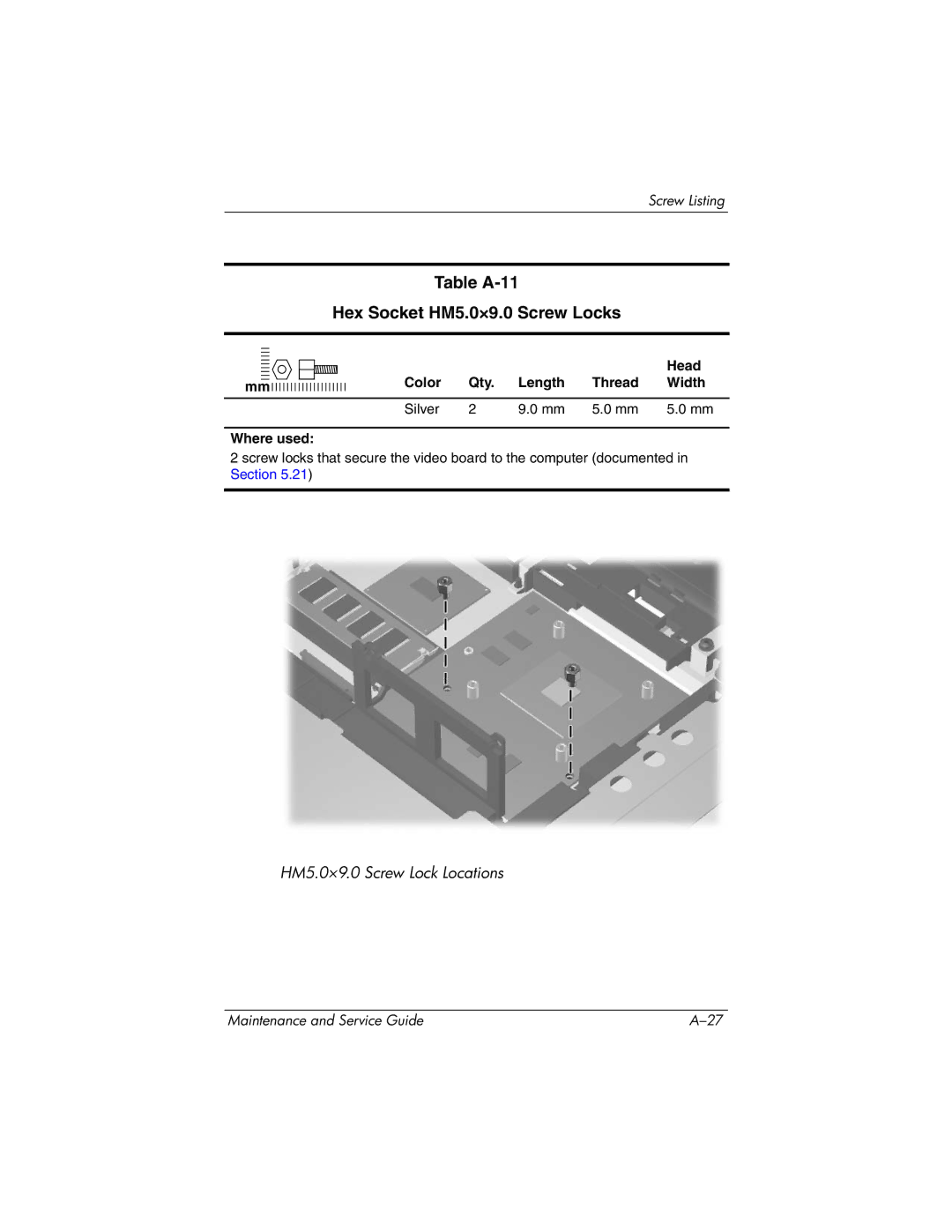 HP nw9440, nx9420 manual Table A-11 Hex Socket HM5.0×9.0 Screw Locks 