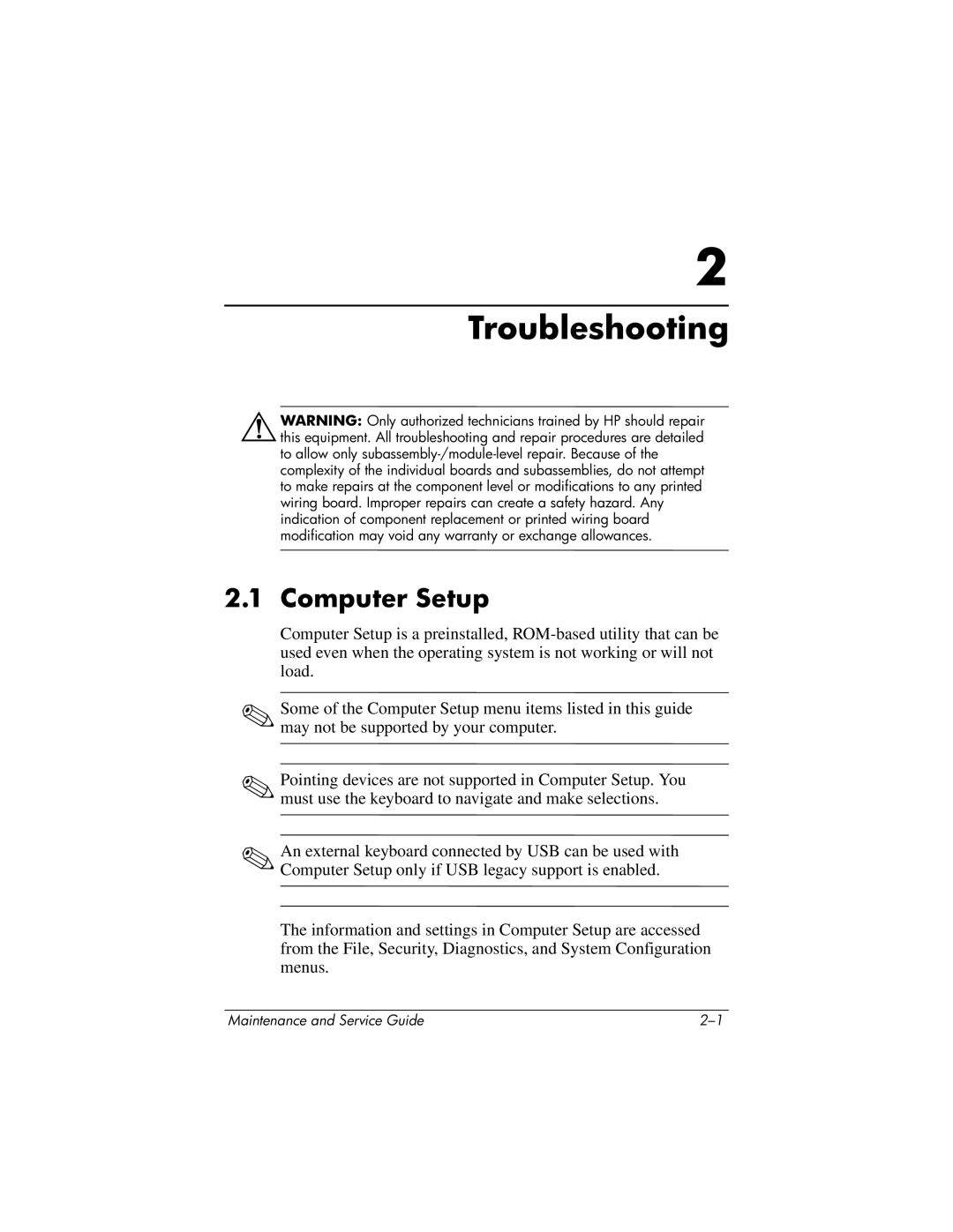 HP nw9440, nx9420 manual Troubleshooting, Computer Setup 