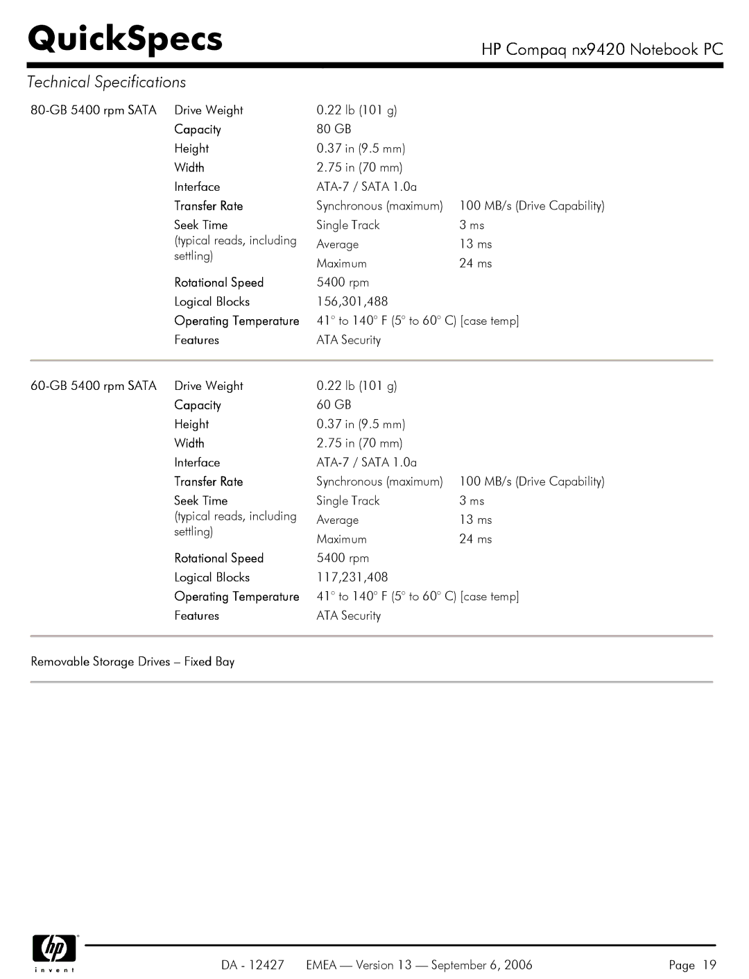 HP nx9420 manual 80-GB 5400 rpm Sata Drive Weight, 60-GB 5400 rpm Sata Drive Weight, Removable Storage Drives Fixed Bay 