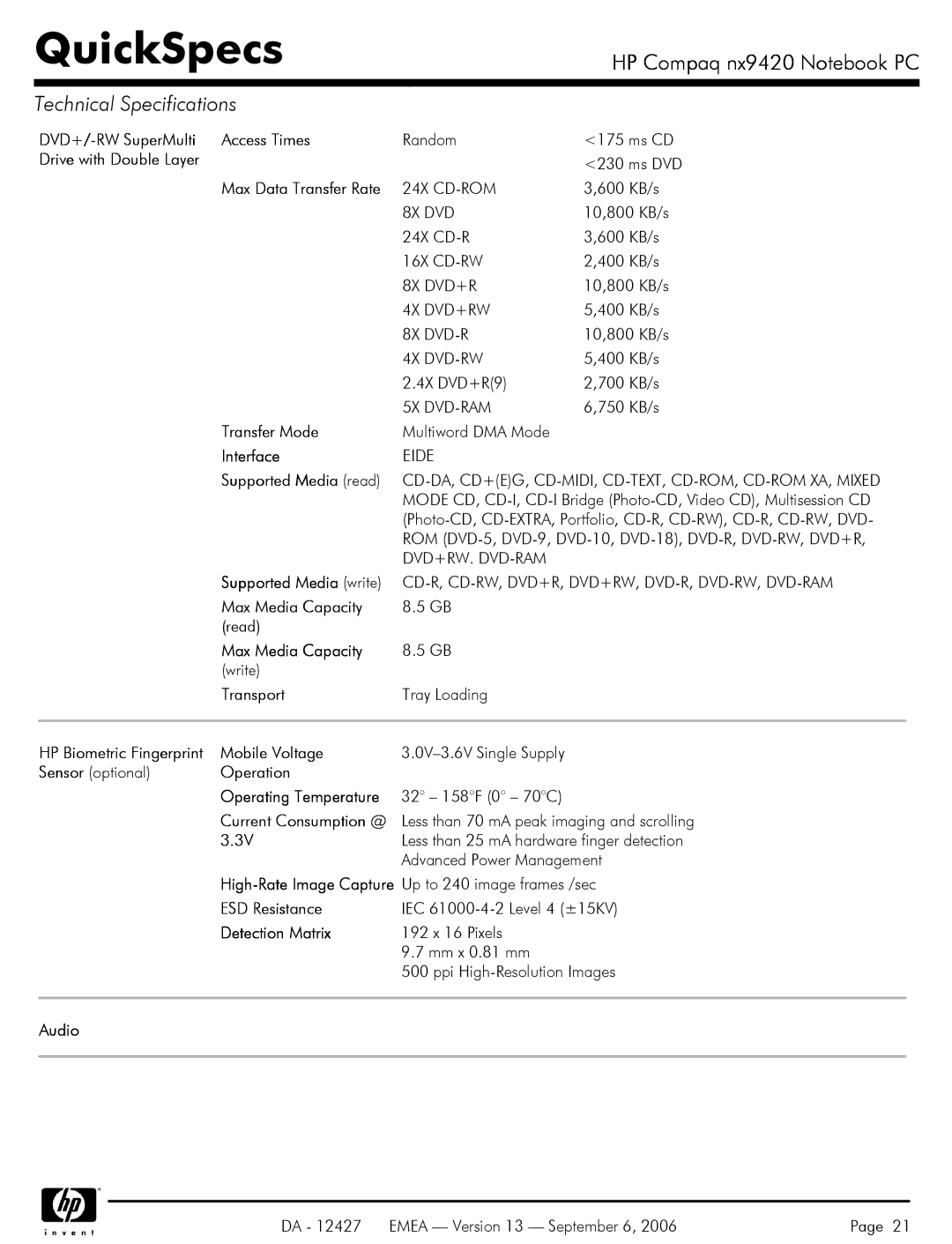 HP nx9420 manual DVD+/-RW SuperMulti Access Times, Mobile Voltage, Operation Operating Temperature, ESD Resistance 