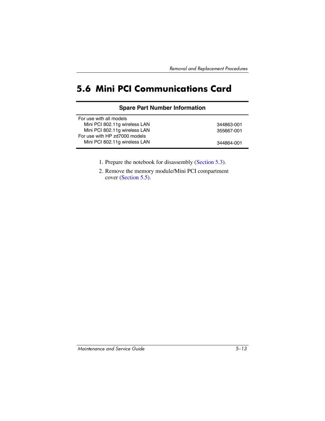 HP NX9500 manual Mini PCI Communications Card, Spare Part Number Information 