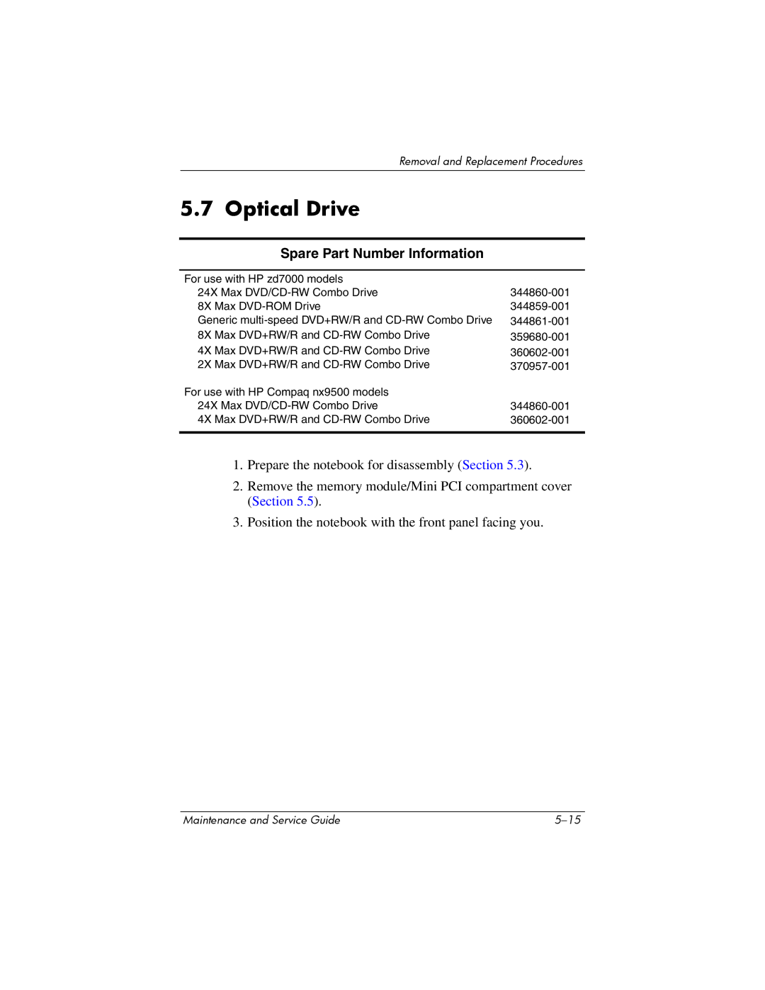 HP NX9500 manual Optical Drive 