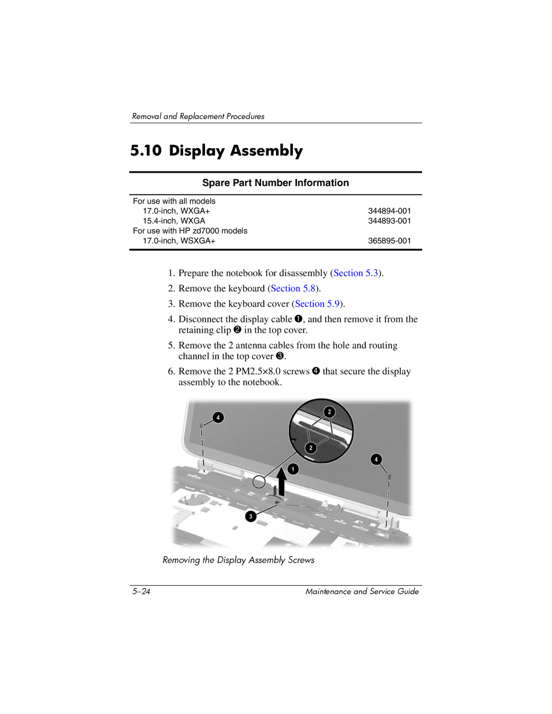 HP NX9500 manual Display Assembly, Spare Part Number Information 