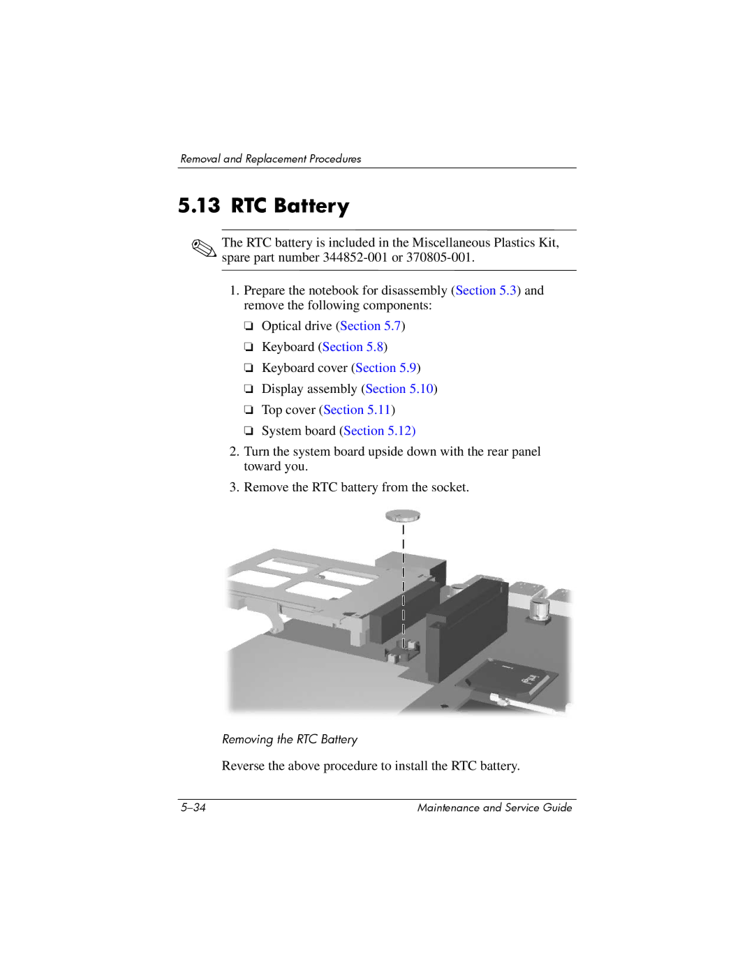 HP NX9500 manual RTC Battery 