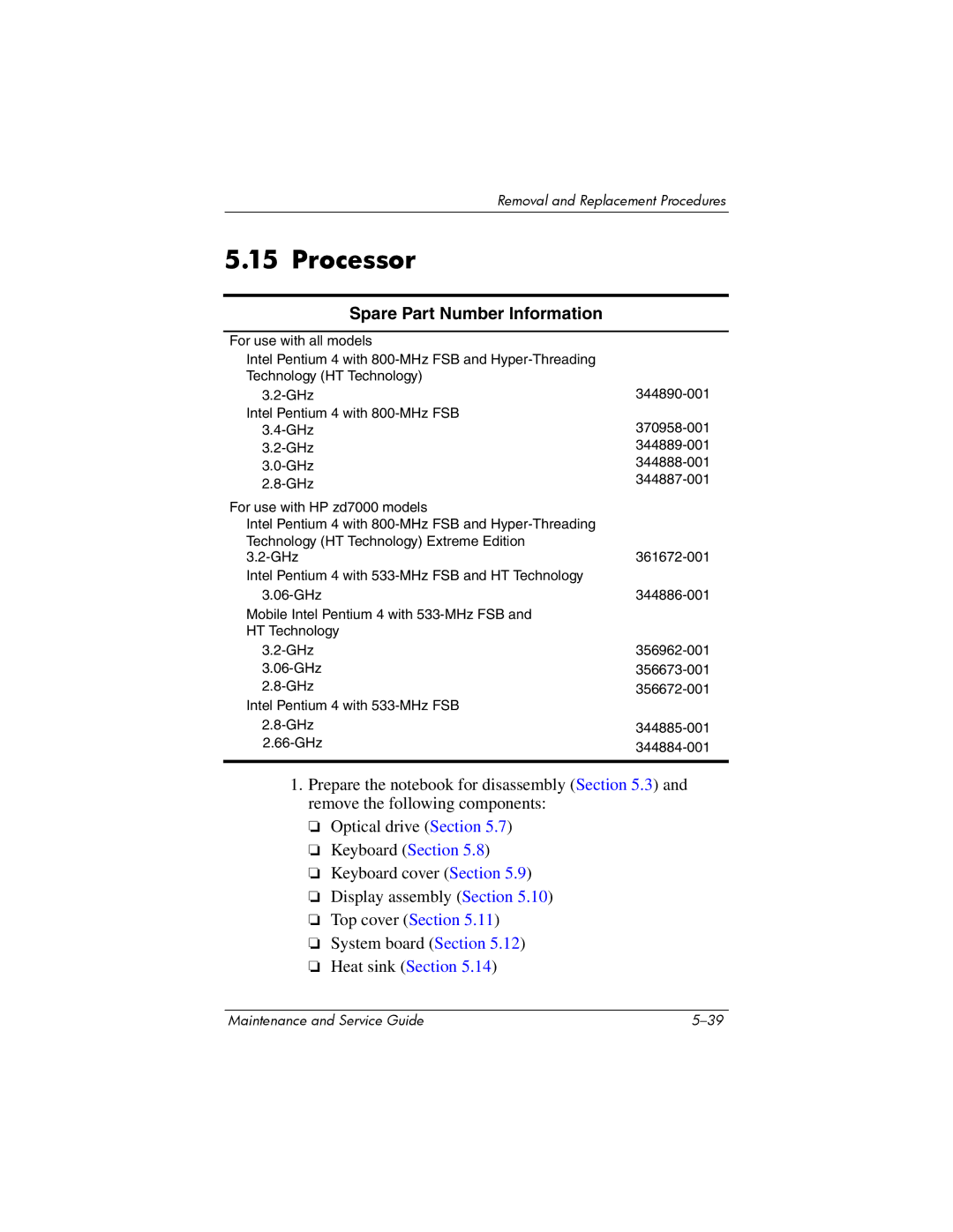 HP NX9500 manual Processor, Spare Part Number Information 