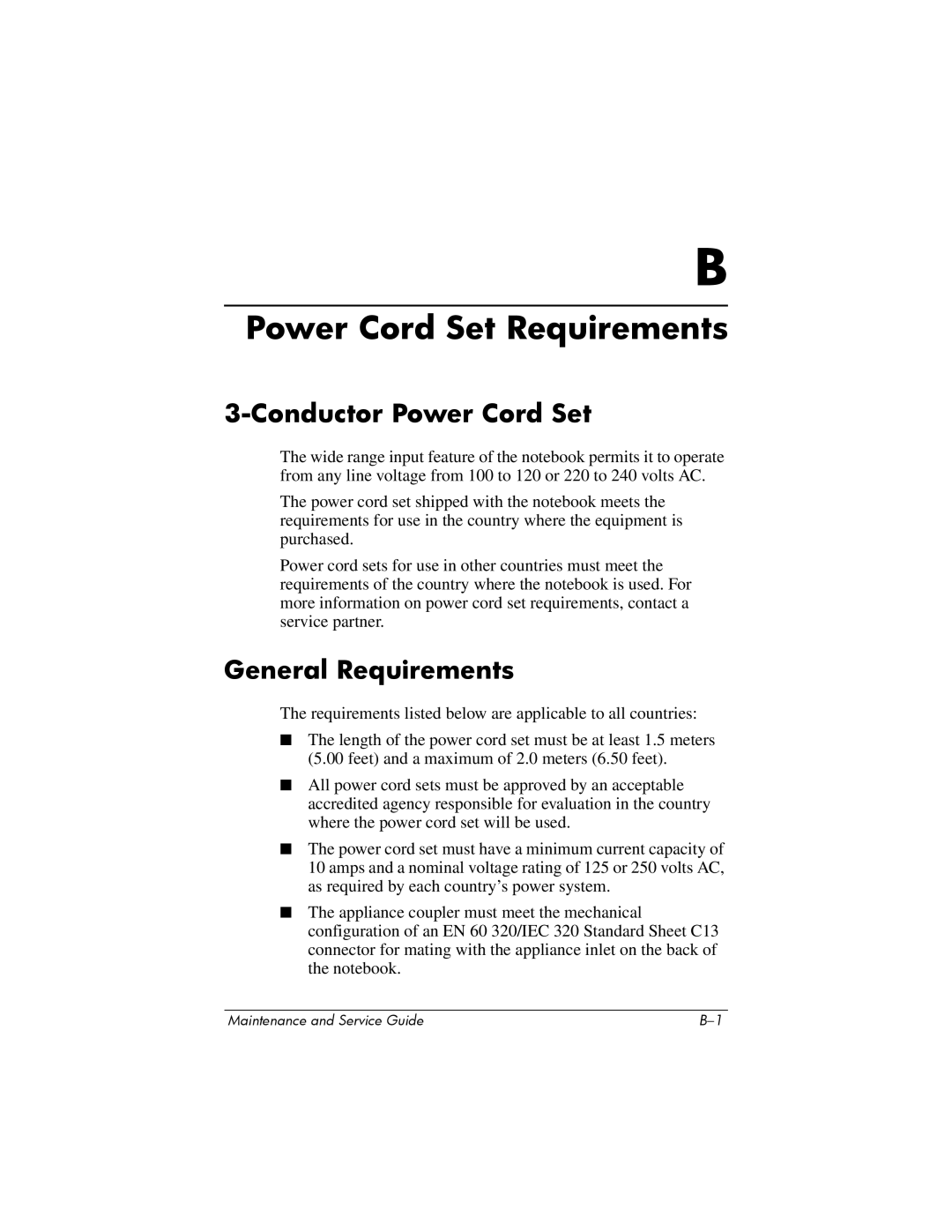 HP NX9500 manual Conductor Power Cord Set, General Requirements 