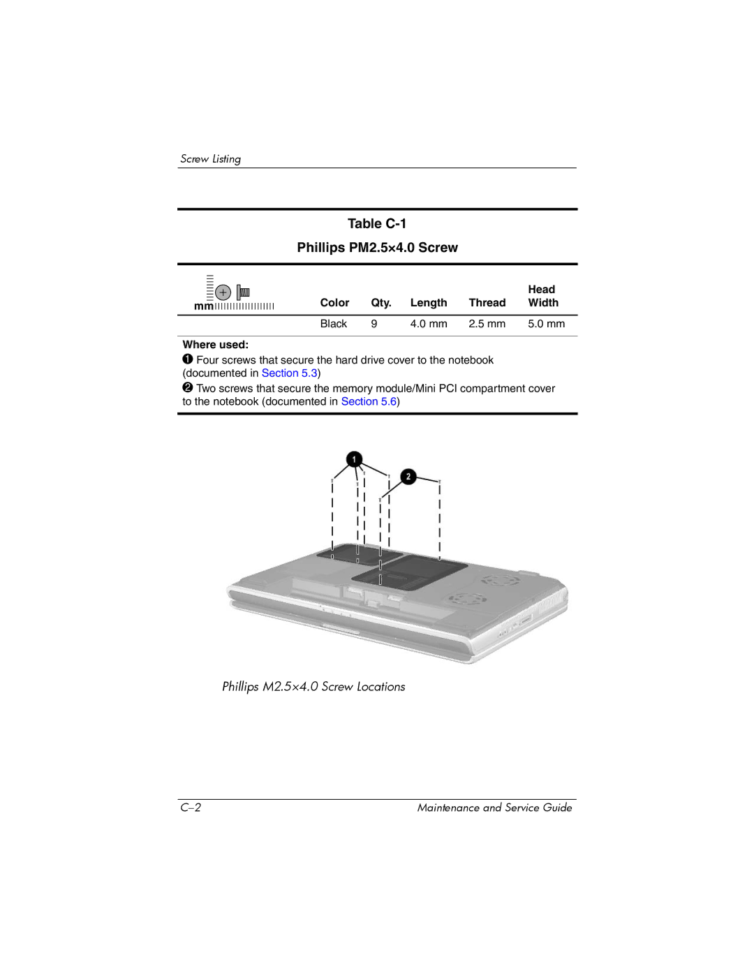 HP NX9500 manual Table C-1 Phillips PM2.5×4.0 Screw, Head, Color Qty Length Thread Width Black Where used 