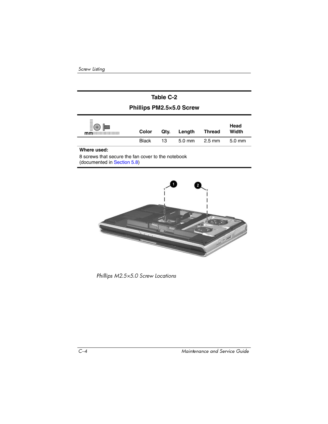 HP NX9500 manual Table C-2 Phillips PM2.5×5.0 Screw 