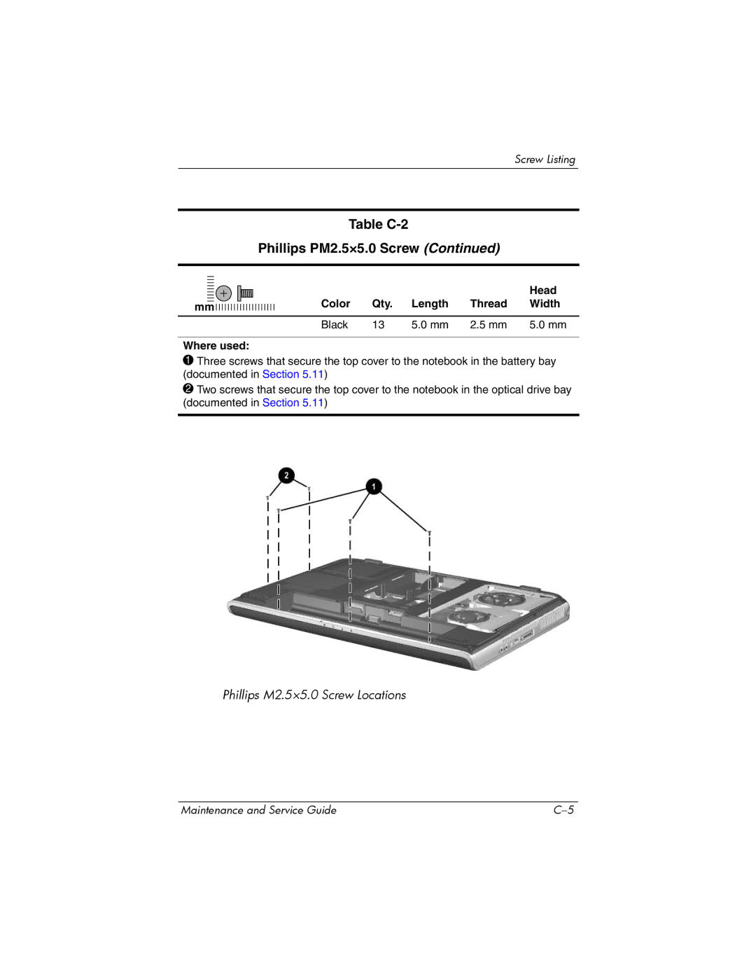 HP NX9500 manual Table C-2 Phillips PM2.5×5.0 Screw 