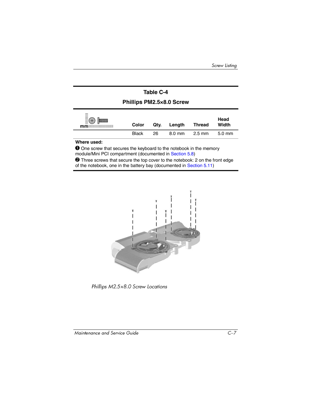 HP NX9500 manual Table C-4 Phillips PM2.5×8.0 Screw 